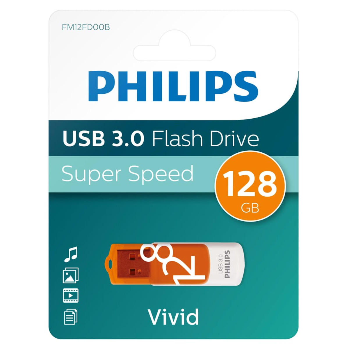 Pamięć flash USB 3.0 Philips w opakowaniu. Pomarańczowy i biały napęd, 128 GB, tekst 'Vivid'.