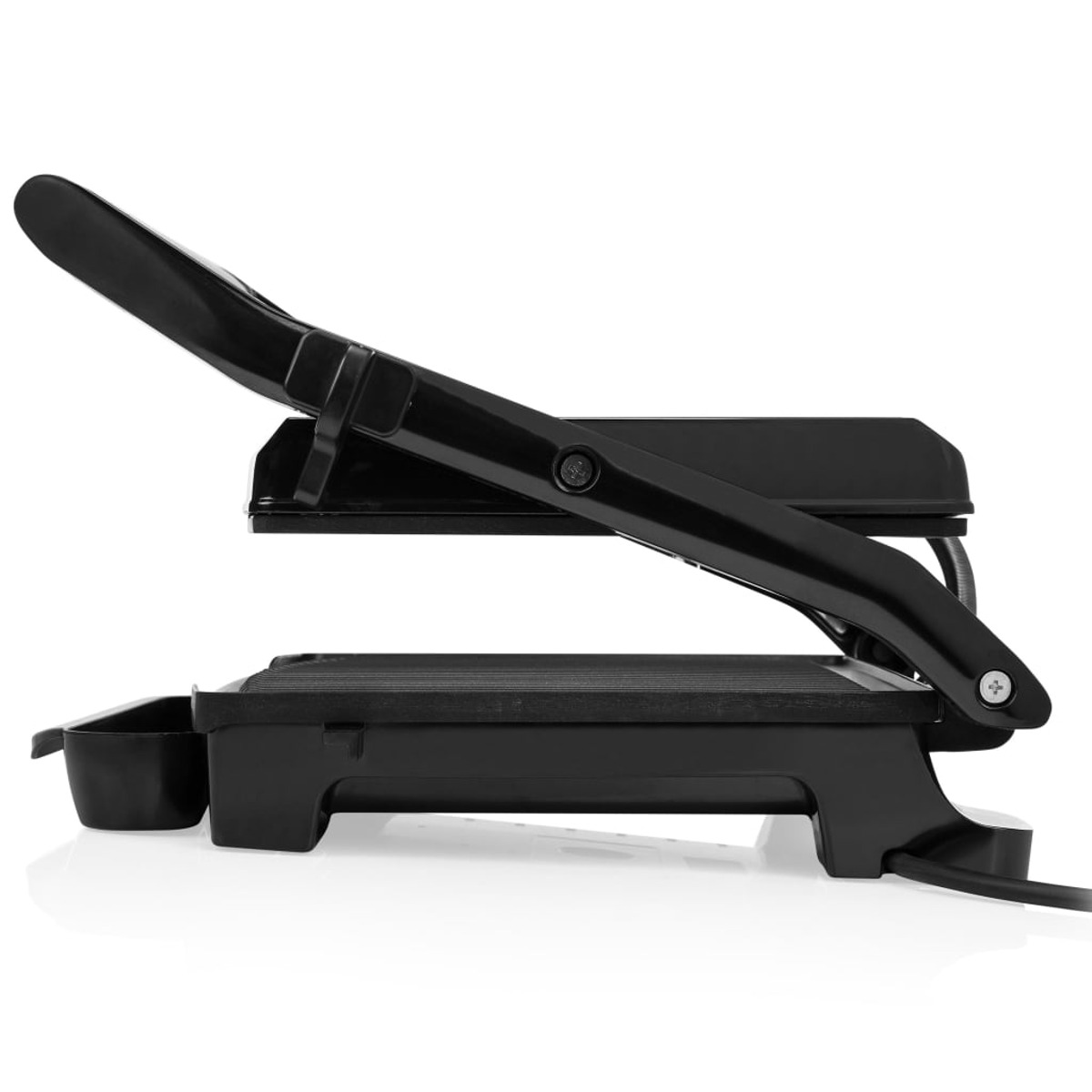 Black panini press, top open. Has a handle, a grilling surface, and a drip tray.
