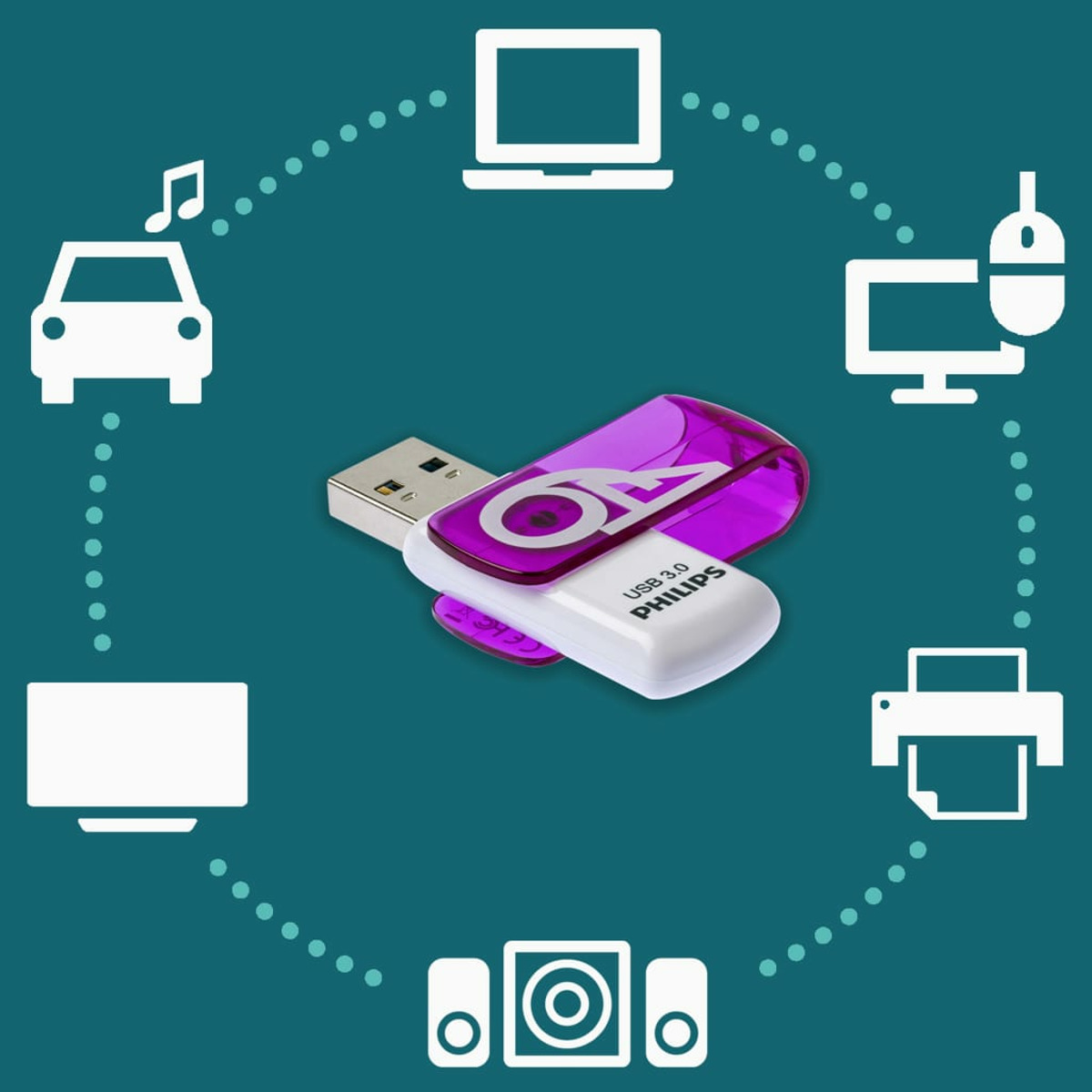 Pendrive z fioletowymi i białymi akcentami otoczony ikonami takimi jak samochód, komputer i drukarka.
