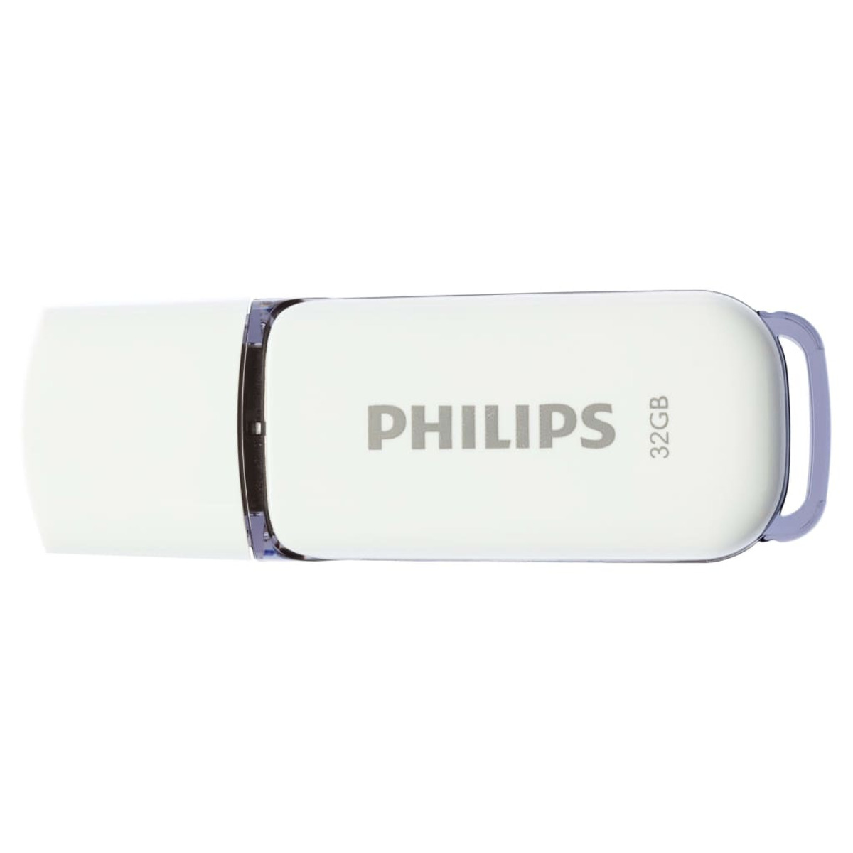 Weißer USB-Stick mit 'PHILIPS' und '32GB', mit grauem Griff.