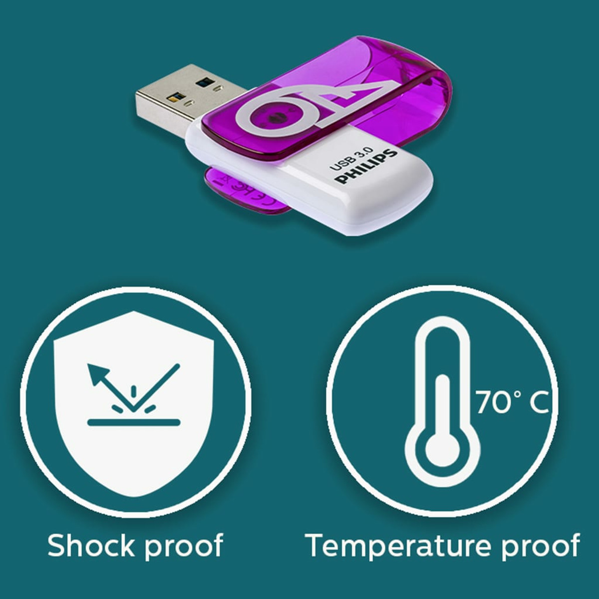 Fioletowo-biały pendrive USB z ikonami i tekstem odpornym na wstrząsy i temperaturę poniżej.