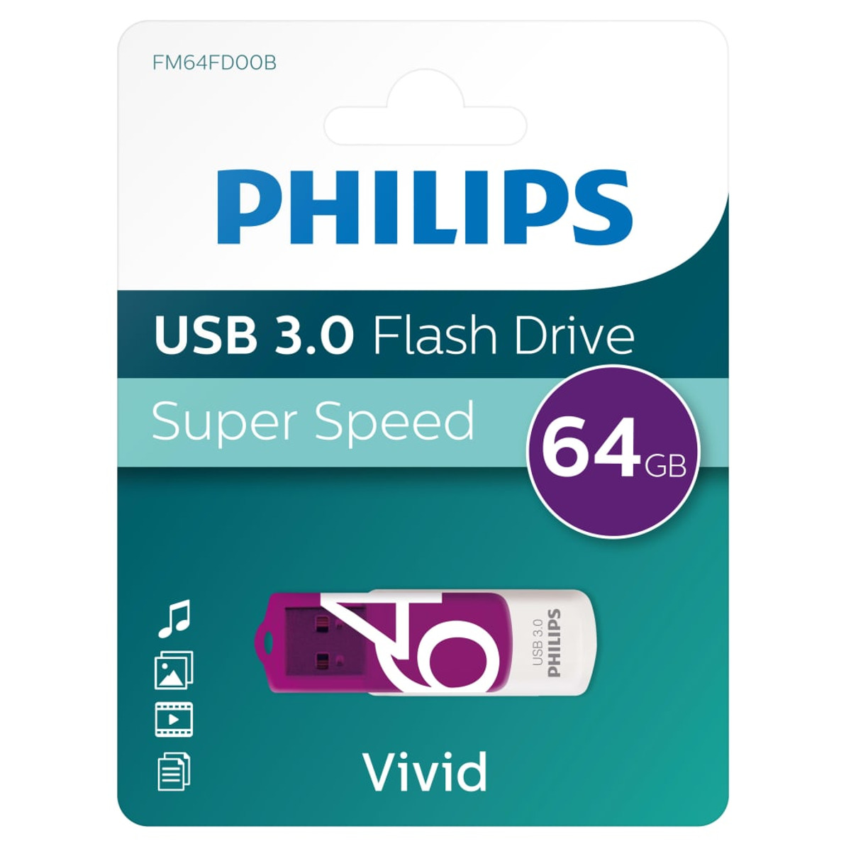 Pamięć flash USB 3.0 w opakowaniu. Dysk jest fioletowy i biały. Opakowanie zawiera tekst i grafikę.