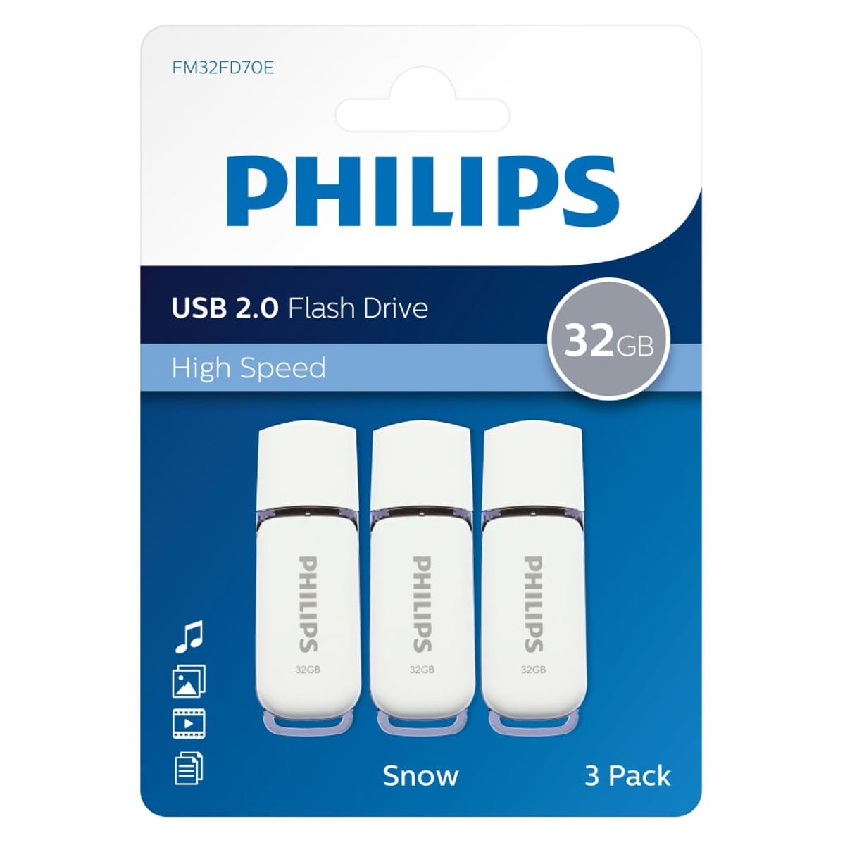Drei weiße USB-Laufwerke in einer Verpackung. Es hat das Philips-Logo.