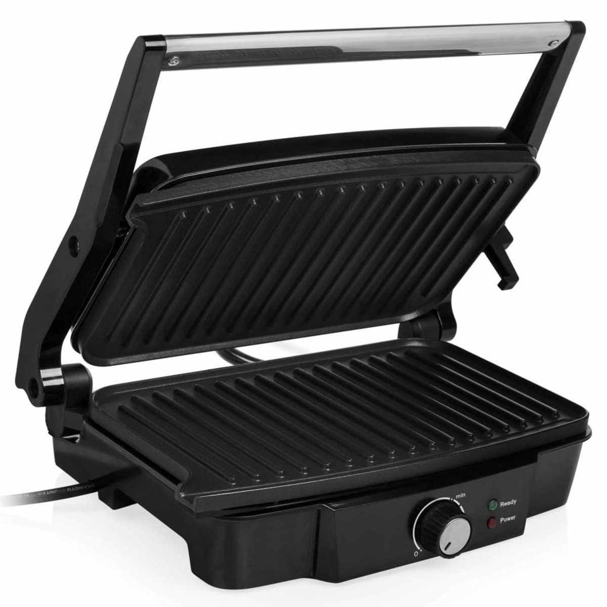 Schwarze Panini-Presse, geöffnet, mit Grillmarkierungen auf den Platten.