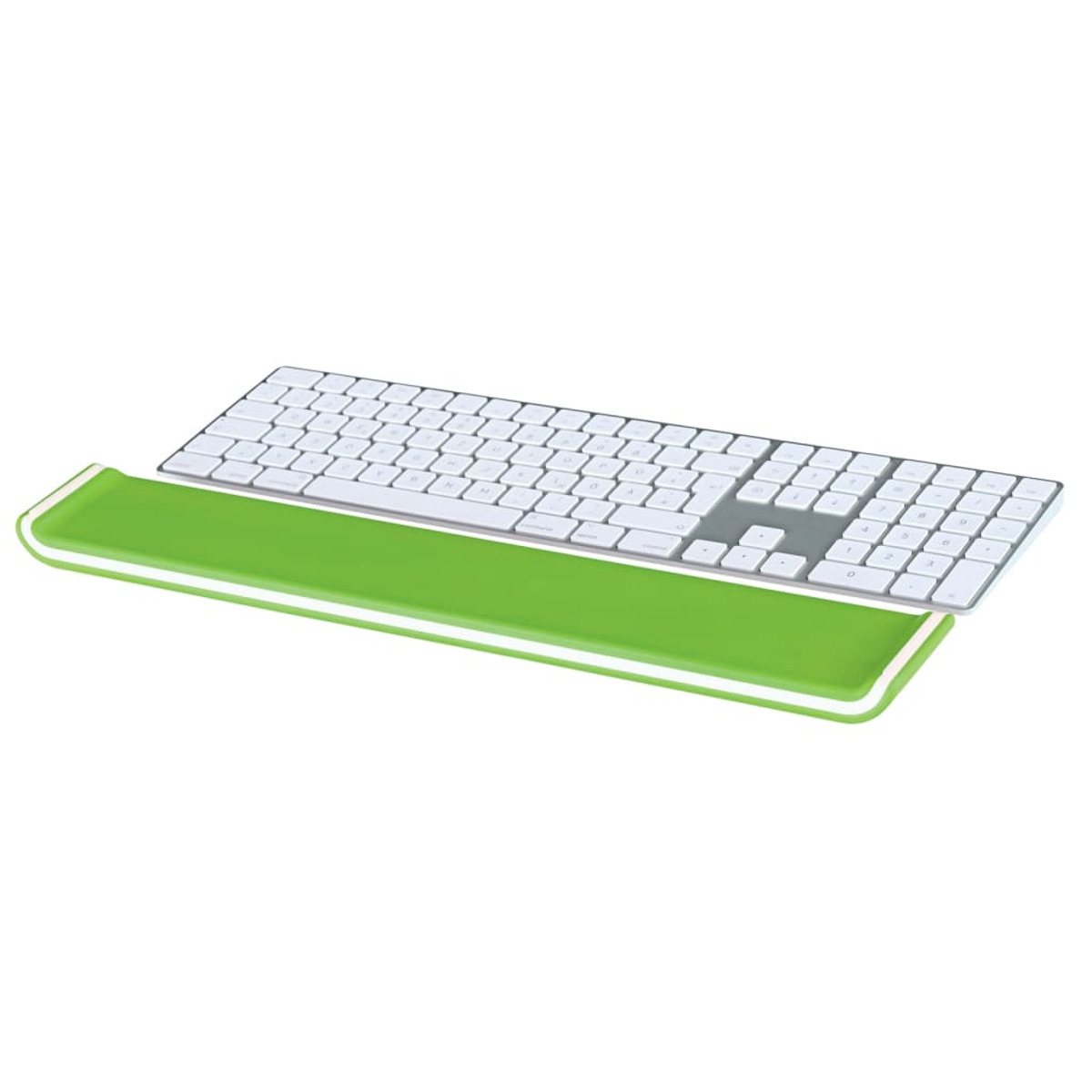 Teclado blanco con reposamuñecas verde. El teclado está encima del reposamuñecas.