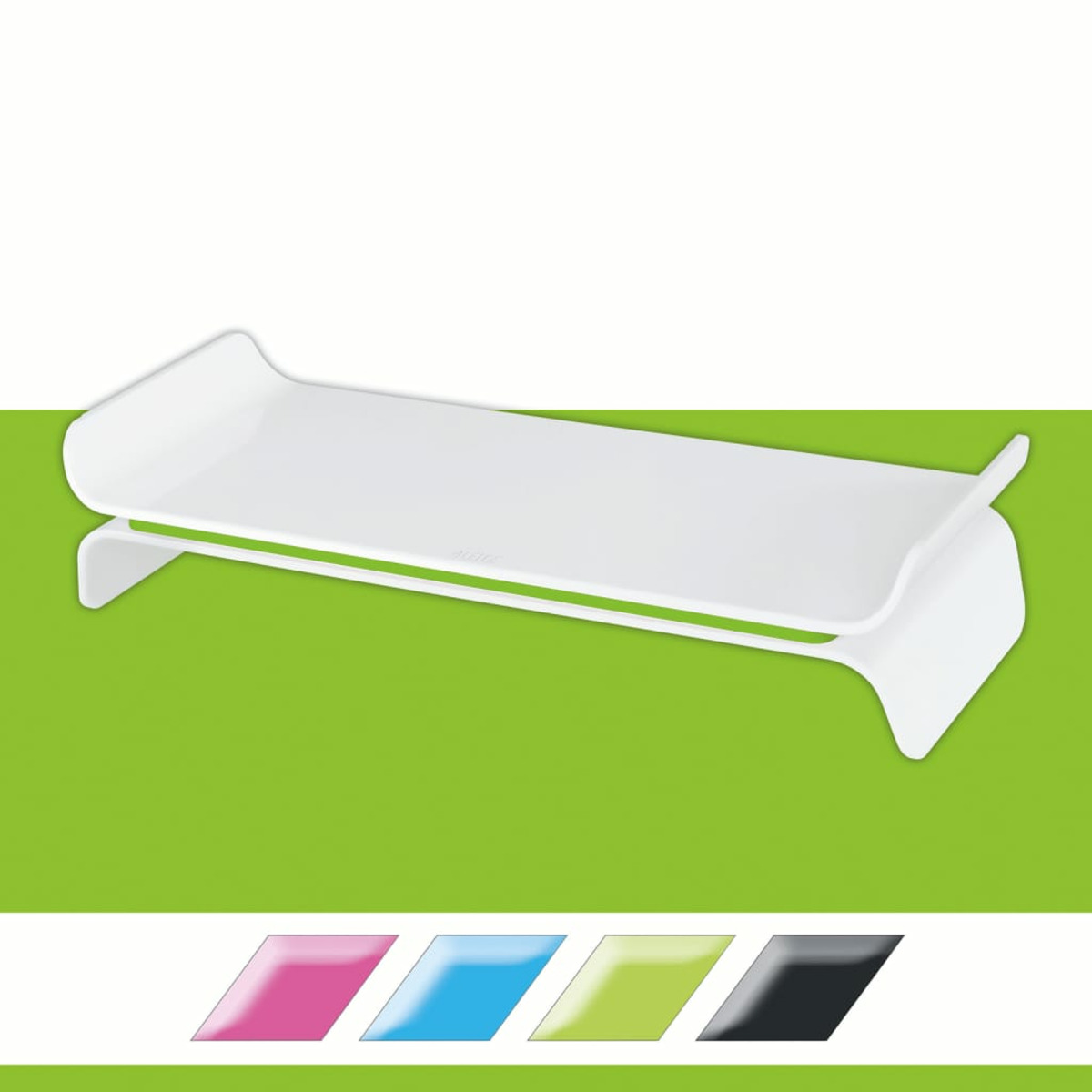 Biała podstawka pod monitor na zielonym tle z kolorowymi kafelkami poniżej. Ma zakrzywioną konstrukcję.