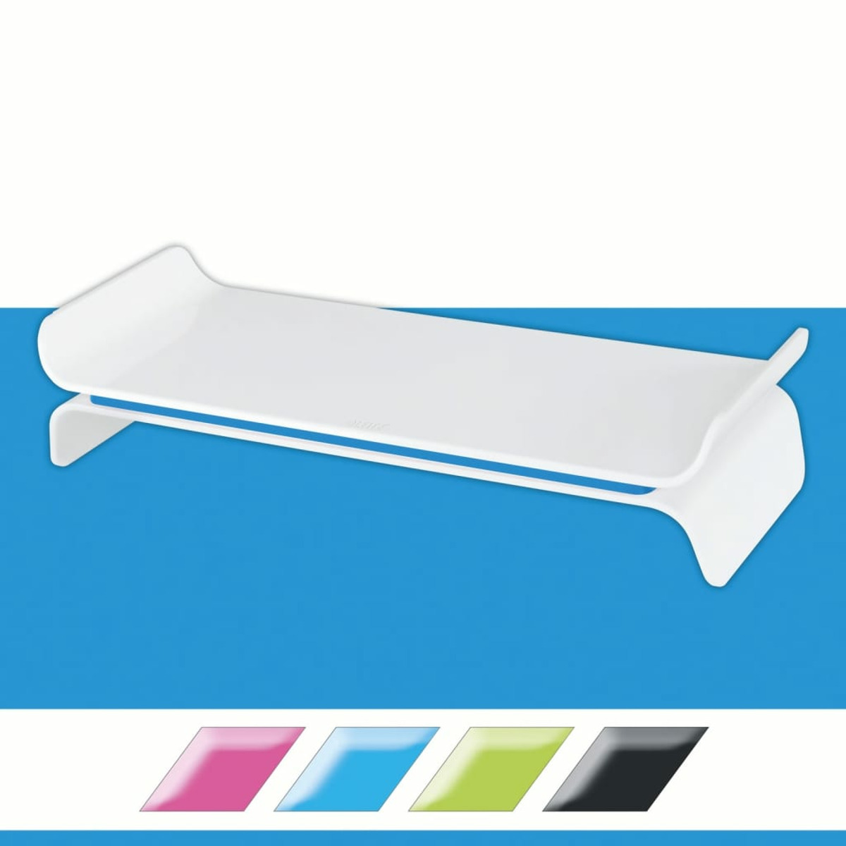 Biała podstawka pod monitor na niebieskim tle, z próbkami kolorów poniżej.