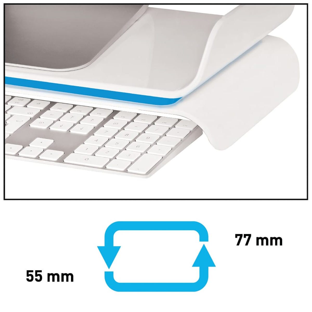 Klawiatura z białą podpórką pod nadgarstek, z wymiarami i strzałkami, na białym tle.