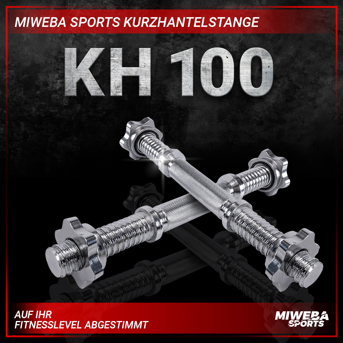 Zwei gekreuzte Kurzhanteln mit dem Text 'KH 100' und Produktinfo.