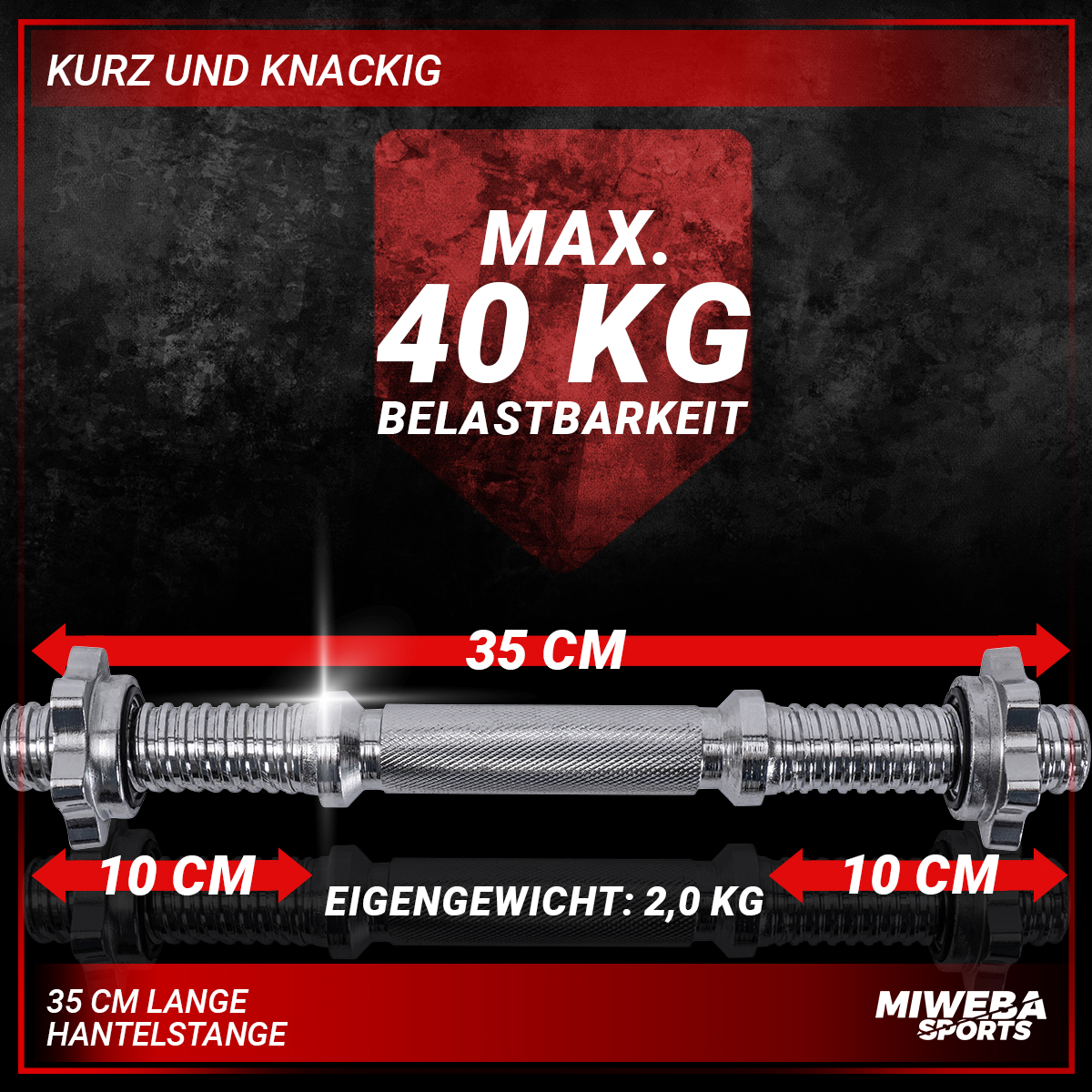 Langhantel mit Gewichten. Die Stange ist silberfarben, der Text lautet 40 kg max.