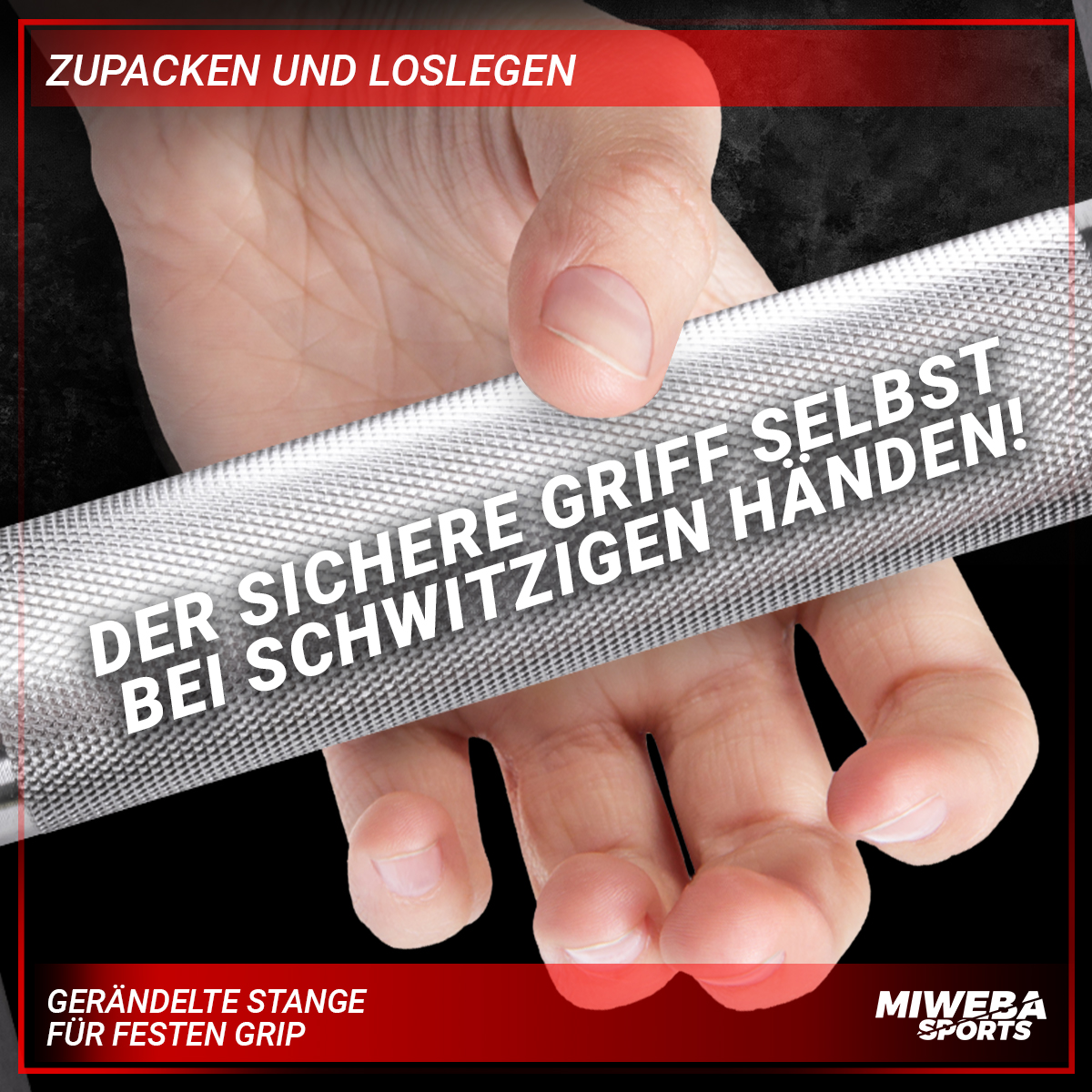 Eine Hand, die eine Langhantel greift, mit dem Text 'DER SICHERE GRIFF BEI SCHWITZIGEN HÄNDEN!'