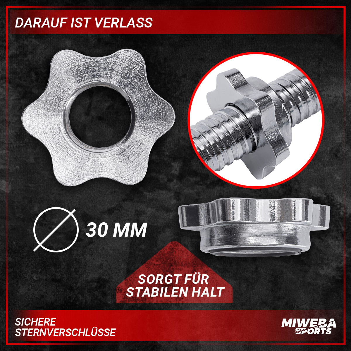 Metall-Hantelteile, Text zeigt 30 mm Durchmesser und stabilen Halt.