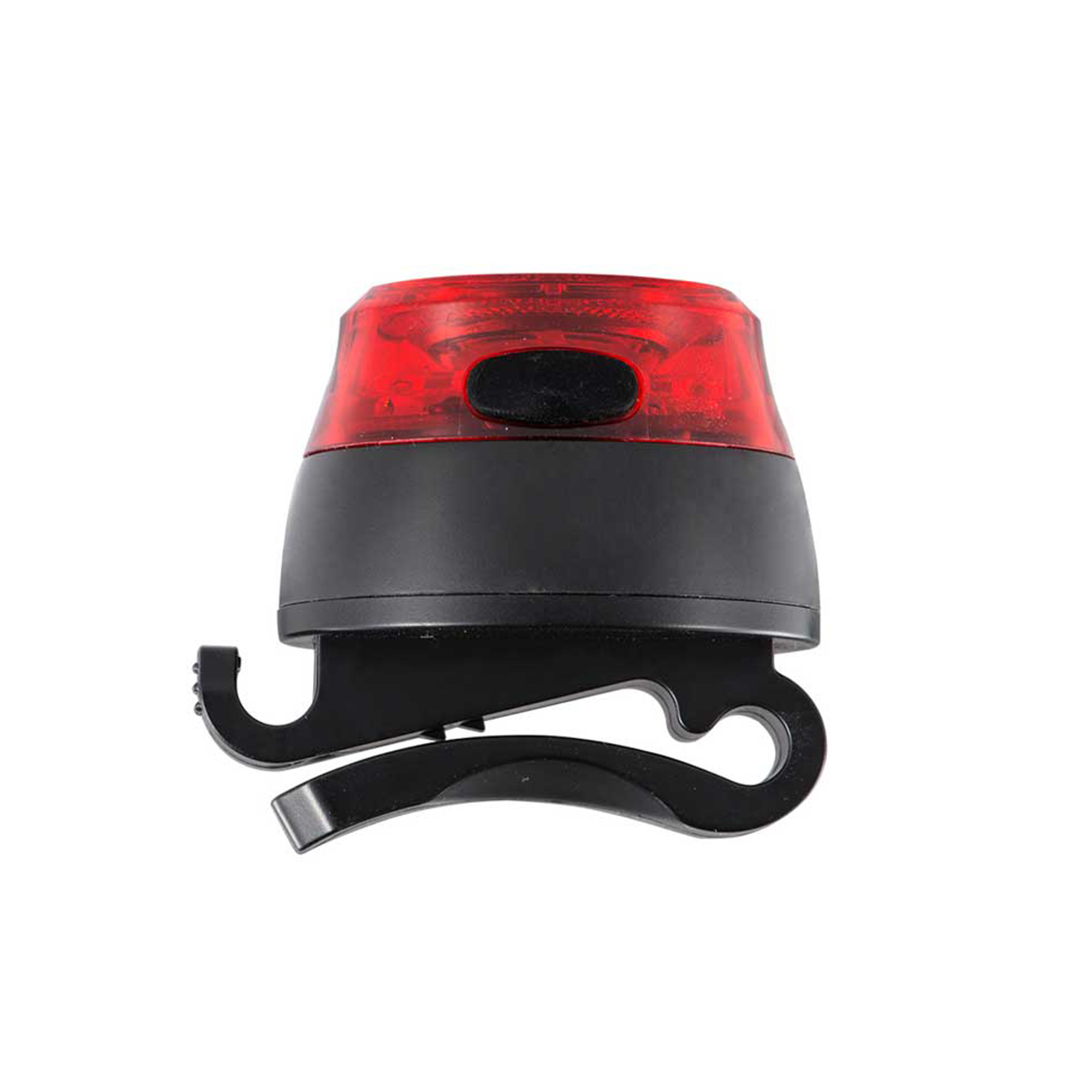 Rotes und schwarzes Fahrradrücklicht mit Haken. Weißer Hintergrund.
