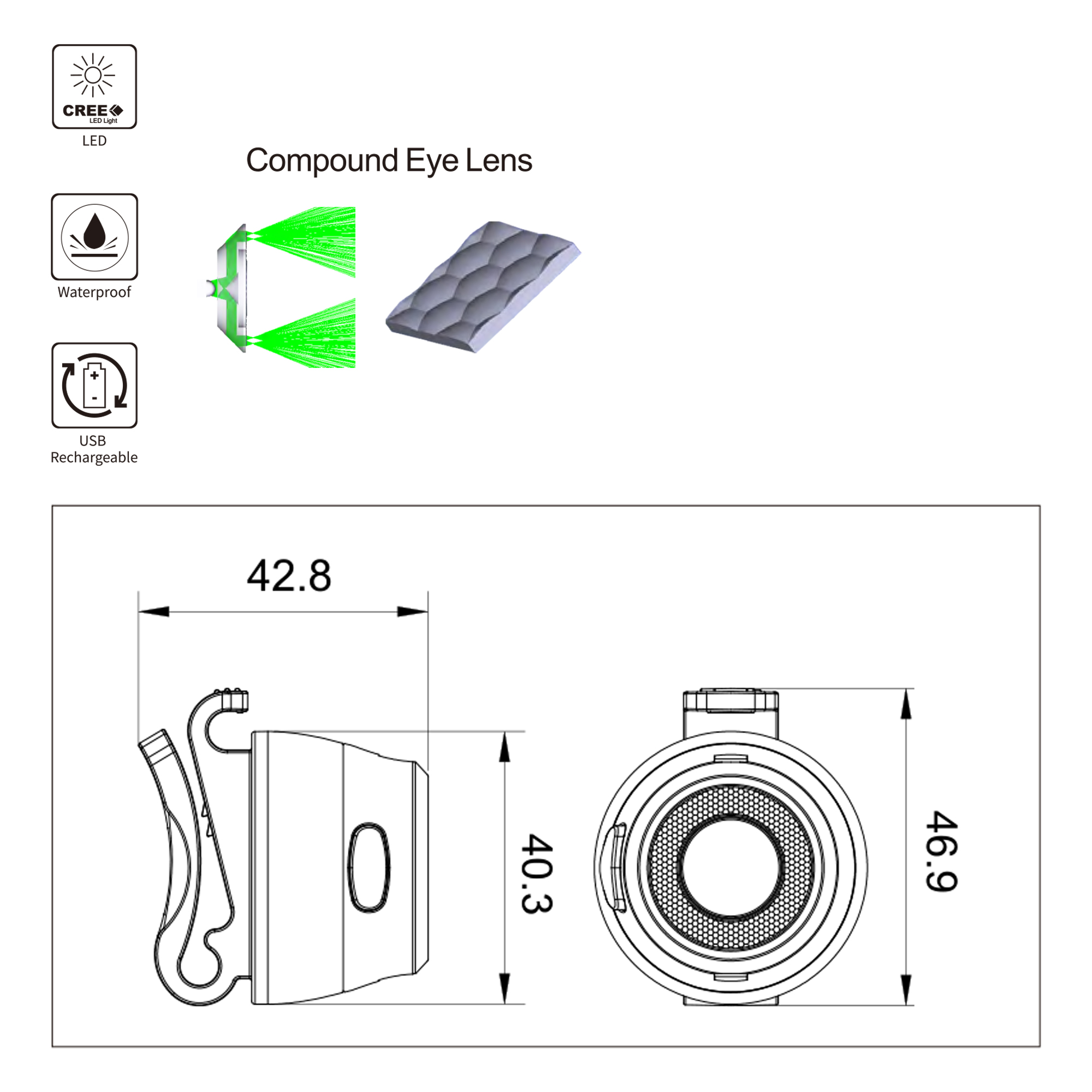 Technische Zeichnung einer LED-Leuchte mit Abmessungen und Symbolen, die wasserdicht und USB-Laden anzeigen.