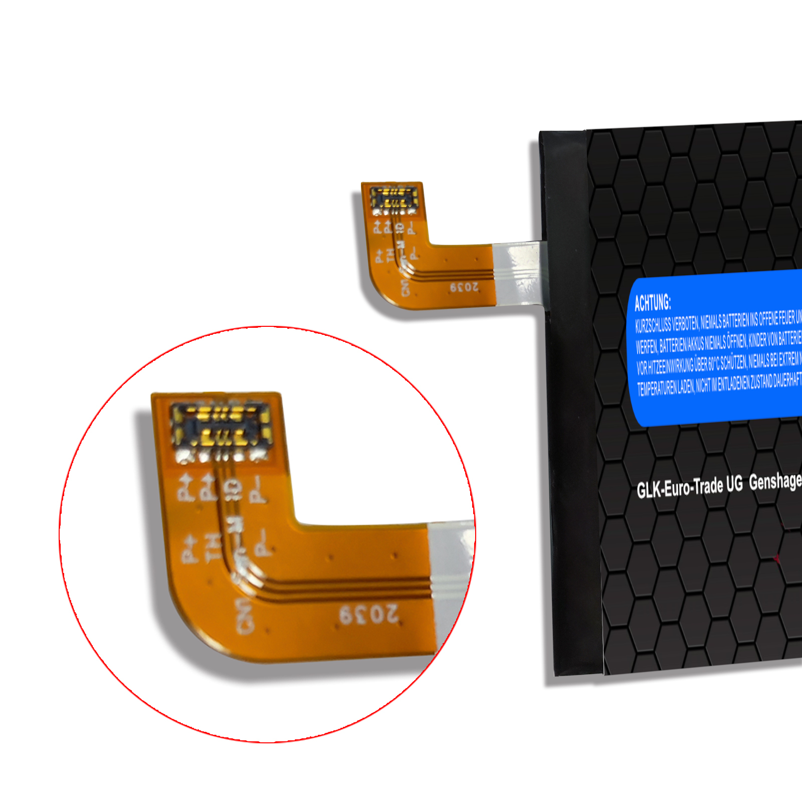 Nahaufnahme einer Batterie mit Flexkabel und vergrößerter Ansicht, die Markierungen zeigt.