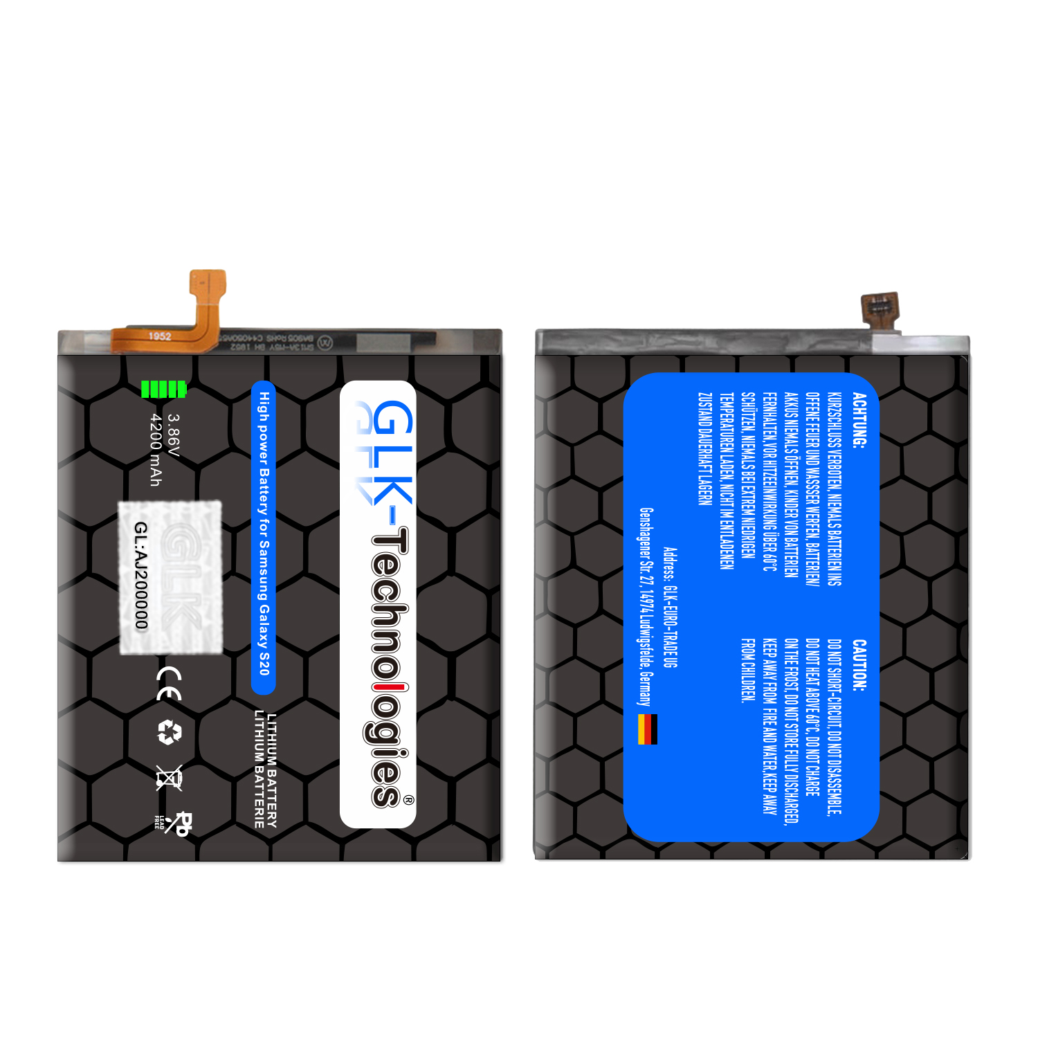 Eine schwarz-weiße Telefonbatterie mit Text und einem deutschen Warnhinweis, vor weißem Hintergrund.