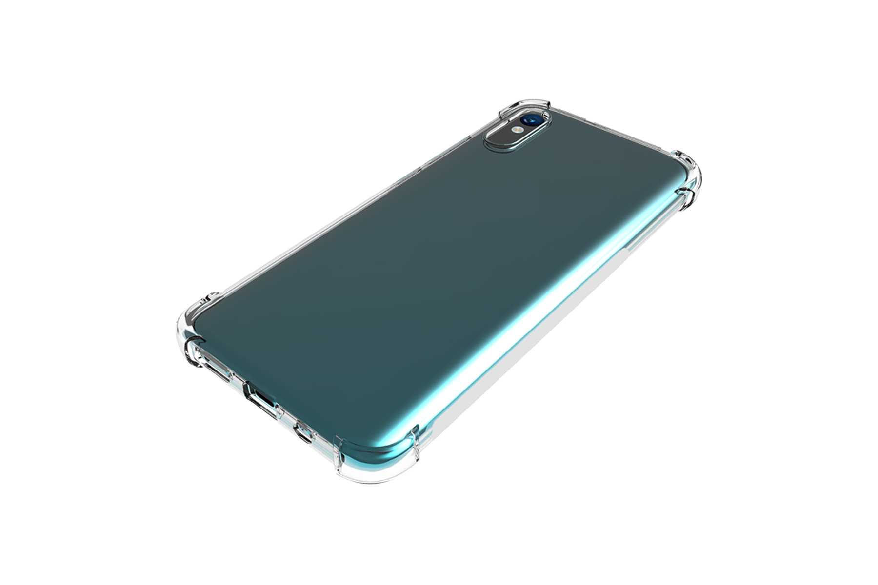 Eine transparente Handyhülle auf einem Telefon, mit Aussparungen für Kamera und Anschlüsse, auf weißem Hintergrund.