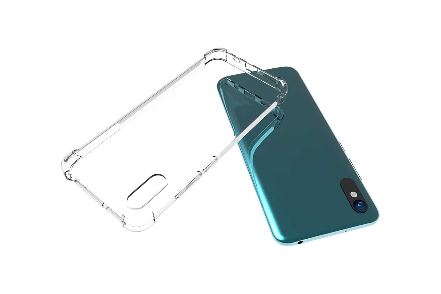 Transparente Handyhülle und ein türkisblaues Handy. Das Handy ist leicht angewinkelt, die Hülle offen.