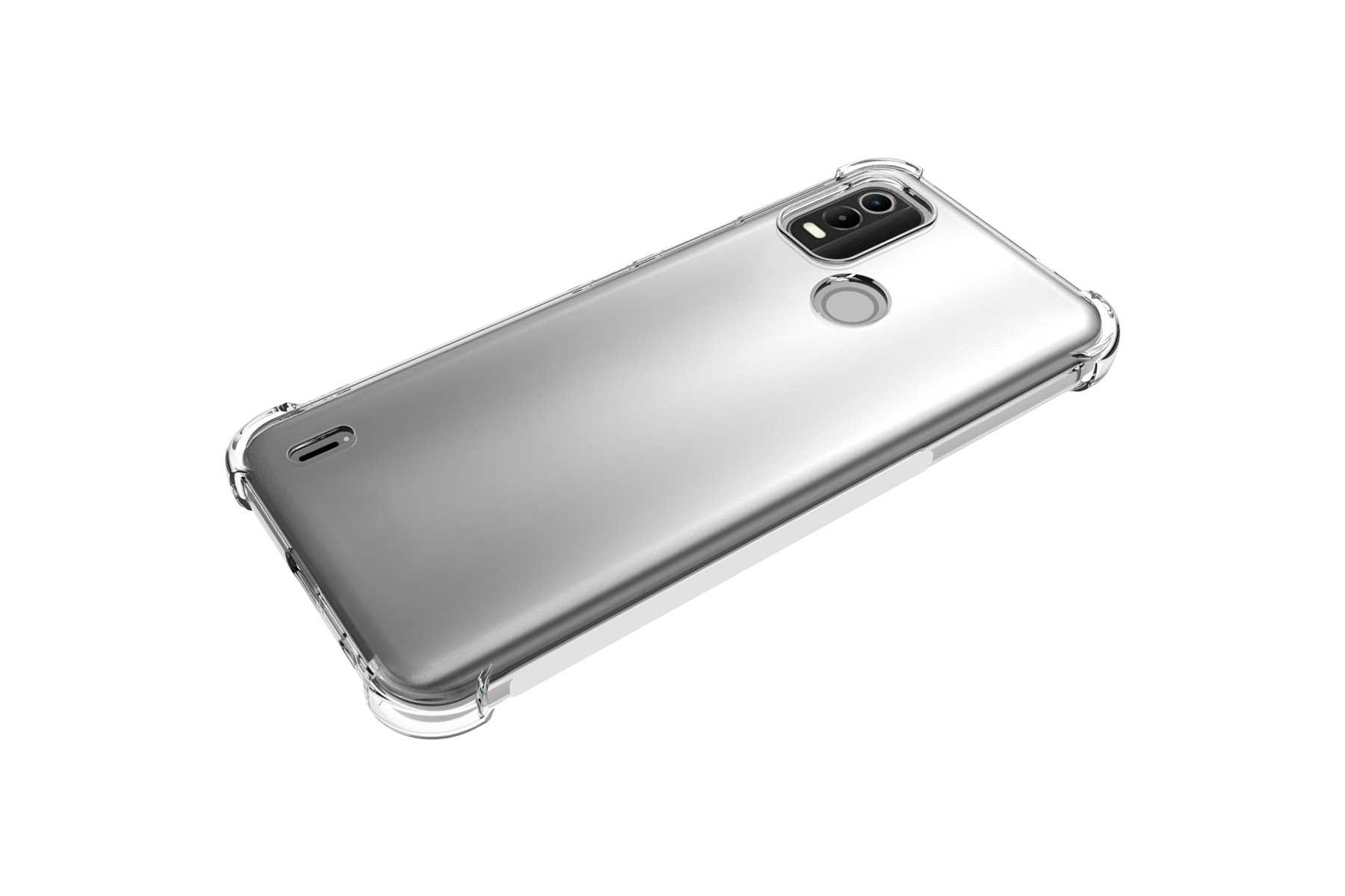 Eine transparente Handyhülle auf einem Telefon, vor weißem Hintergrund. Zeigt die Rückseite des Telefons.