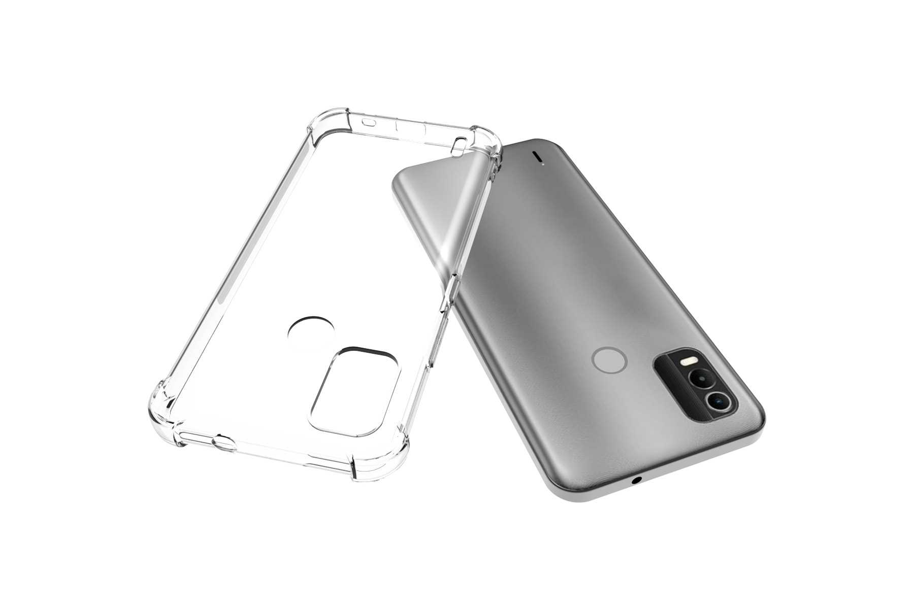 Transparente Handyhülle und graues Telefon getrennt, Hülle leicht über dem Telefon, weißer Hintergrund.