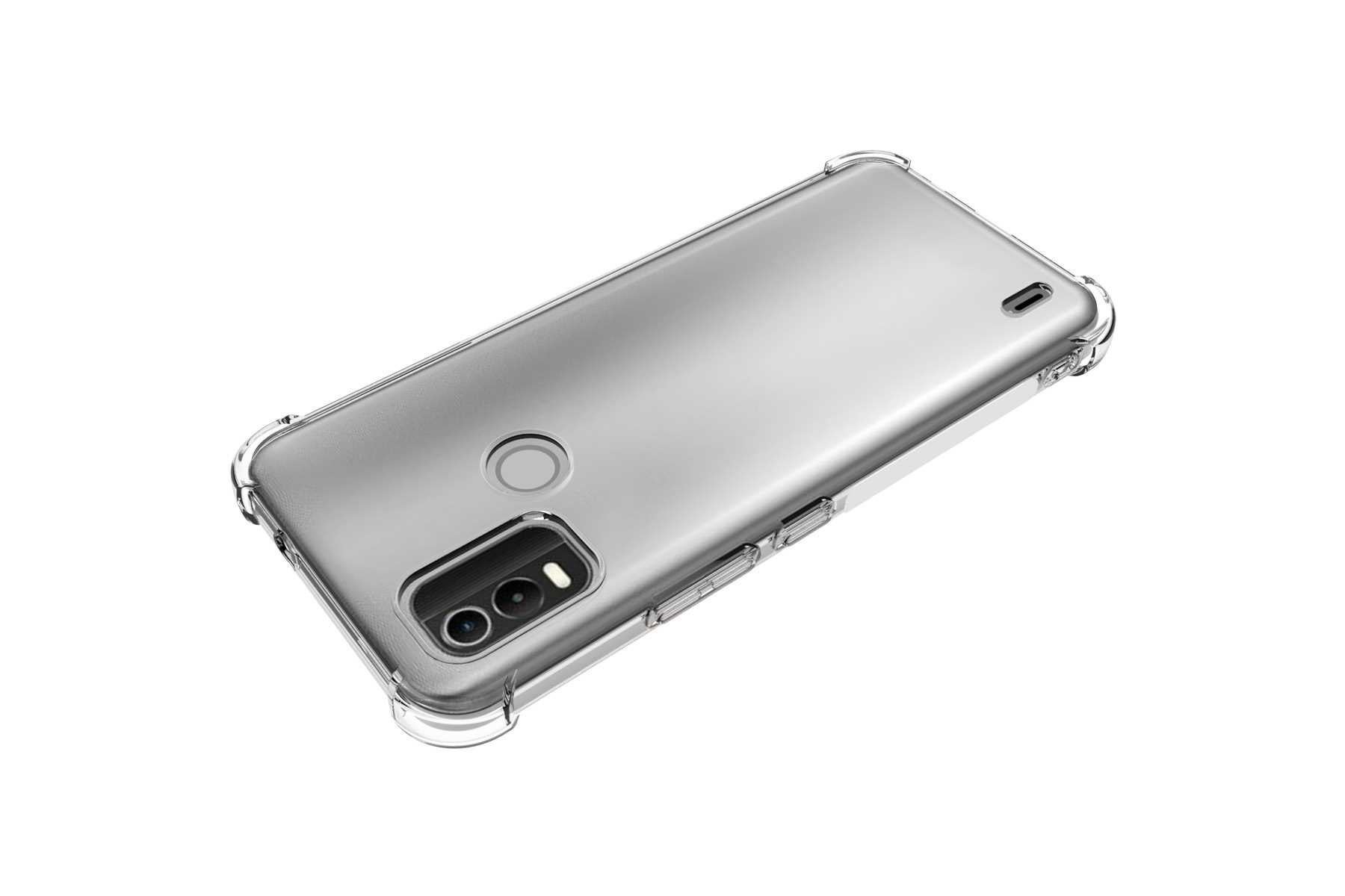 Transparente Handyhülle auf einem Smartphone, mit weißem Hintergrund.