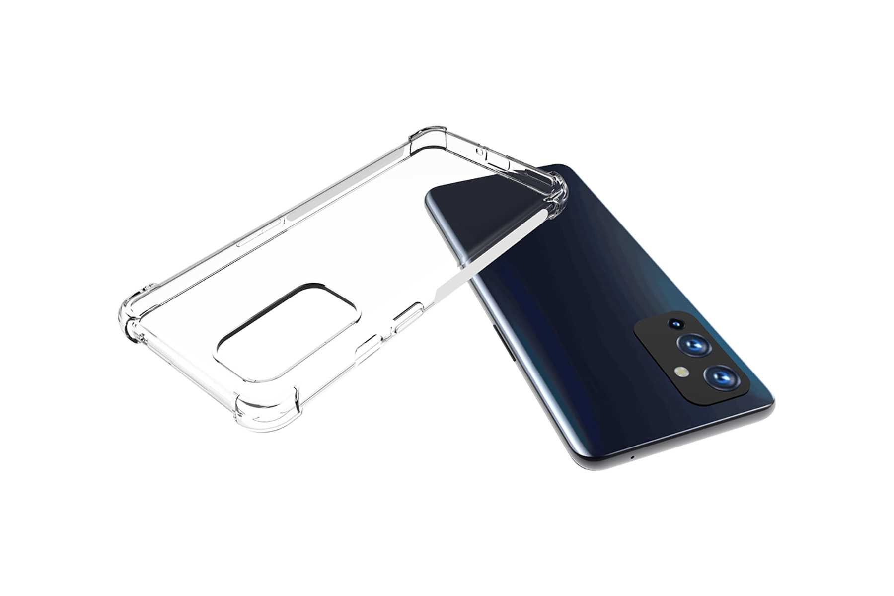 Eine transparente Handyhülle und ein blaues Telefon. Die Handyhülle befindet sich links und das Telefon rechts.