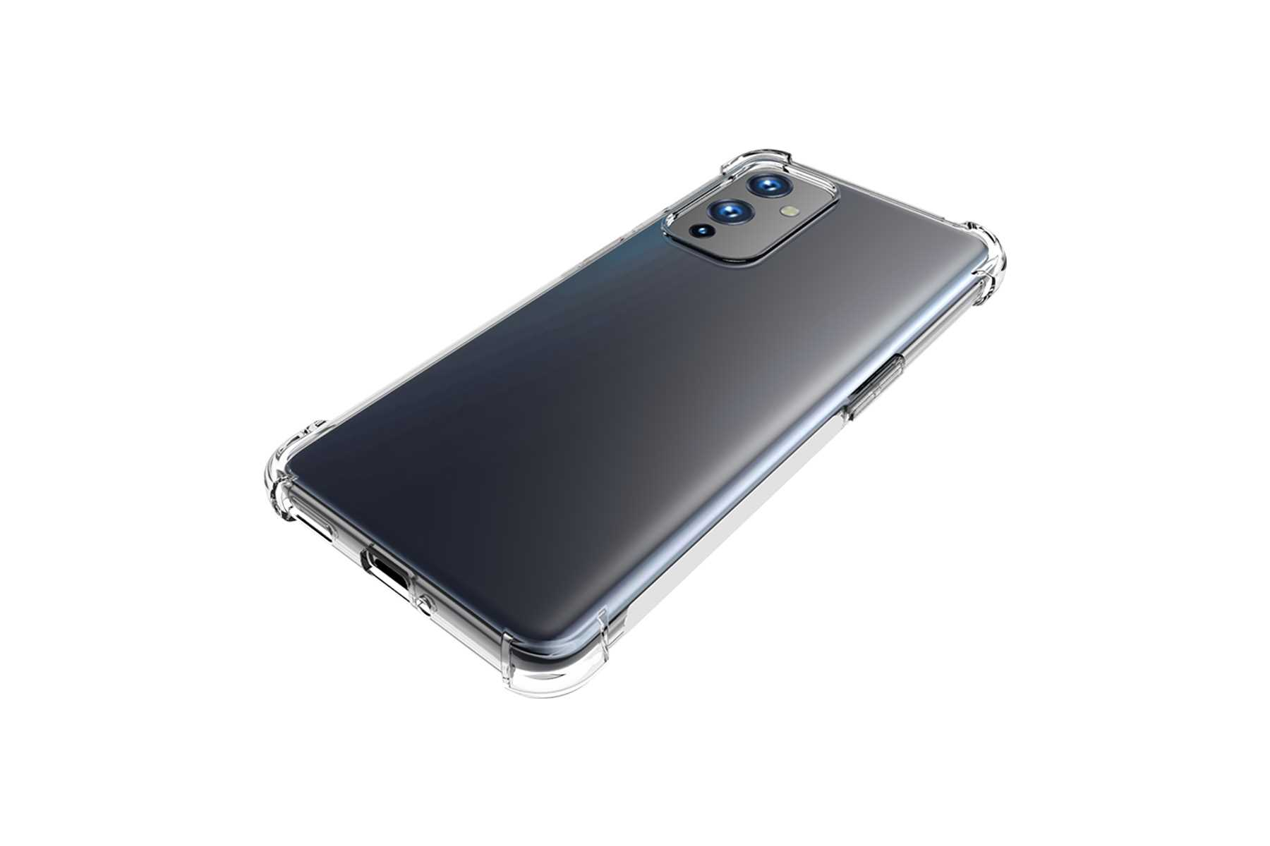 Eine transparente Handyhülle, die ein schwarzes Smartphone schützt. Die Hülle hat Schutzkanten.