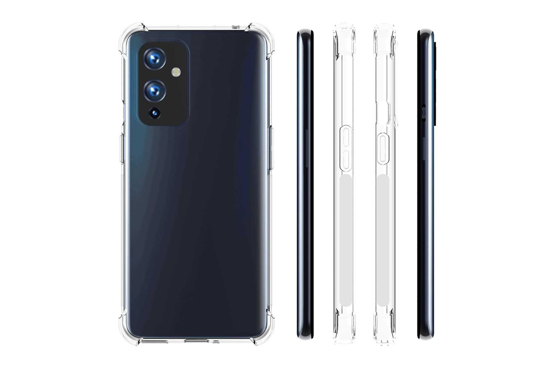 Eine transparente Handyhülle auf einem schwarzen Telefon. Die Hülle zeigt Rückseite und Seiten, Tasten und Kamera.