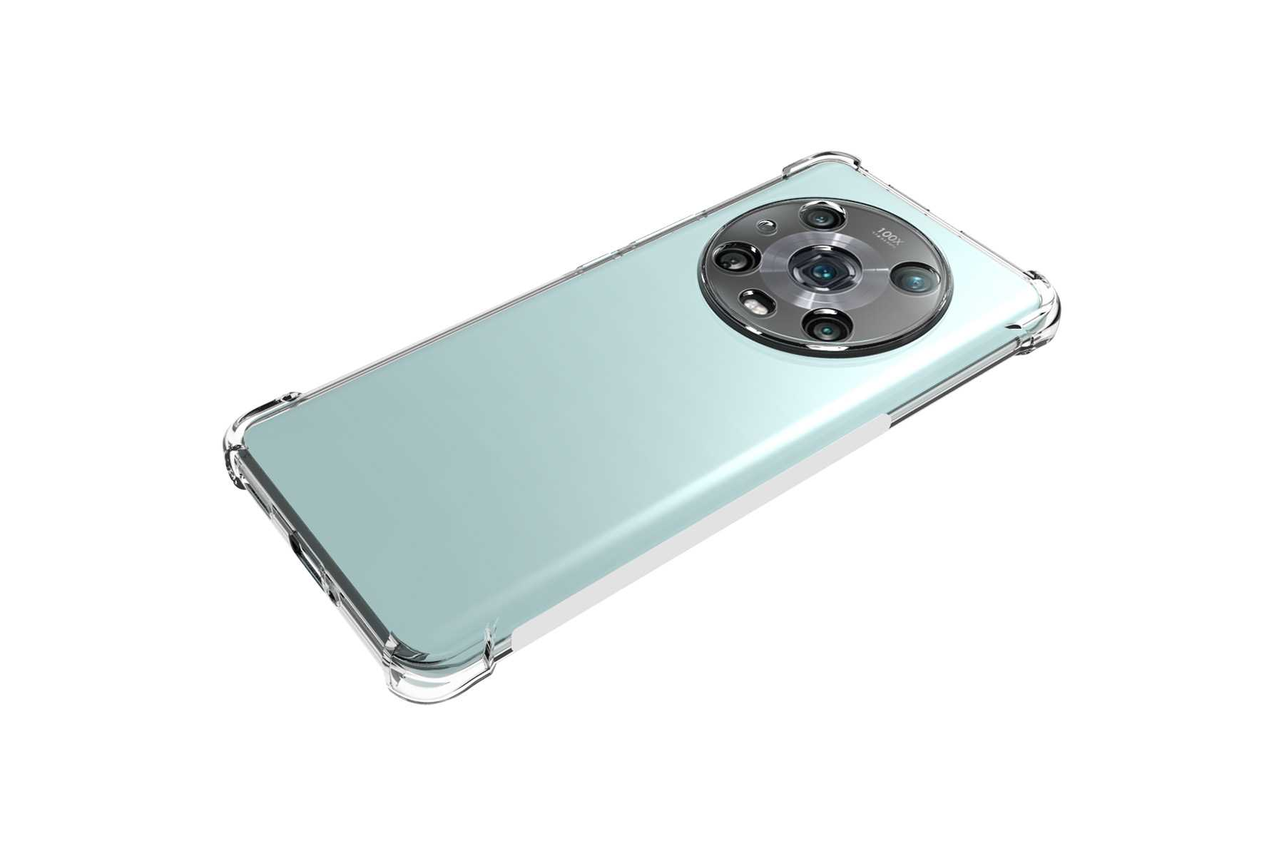 Ein hellgrünes Smartphone mit einer Multi-Objektiv-Kamera ist auf weißem Hintergrund isoliert. Eine transparente Hülle ist am Telefon.