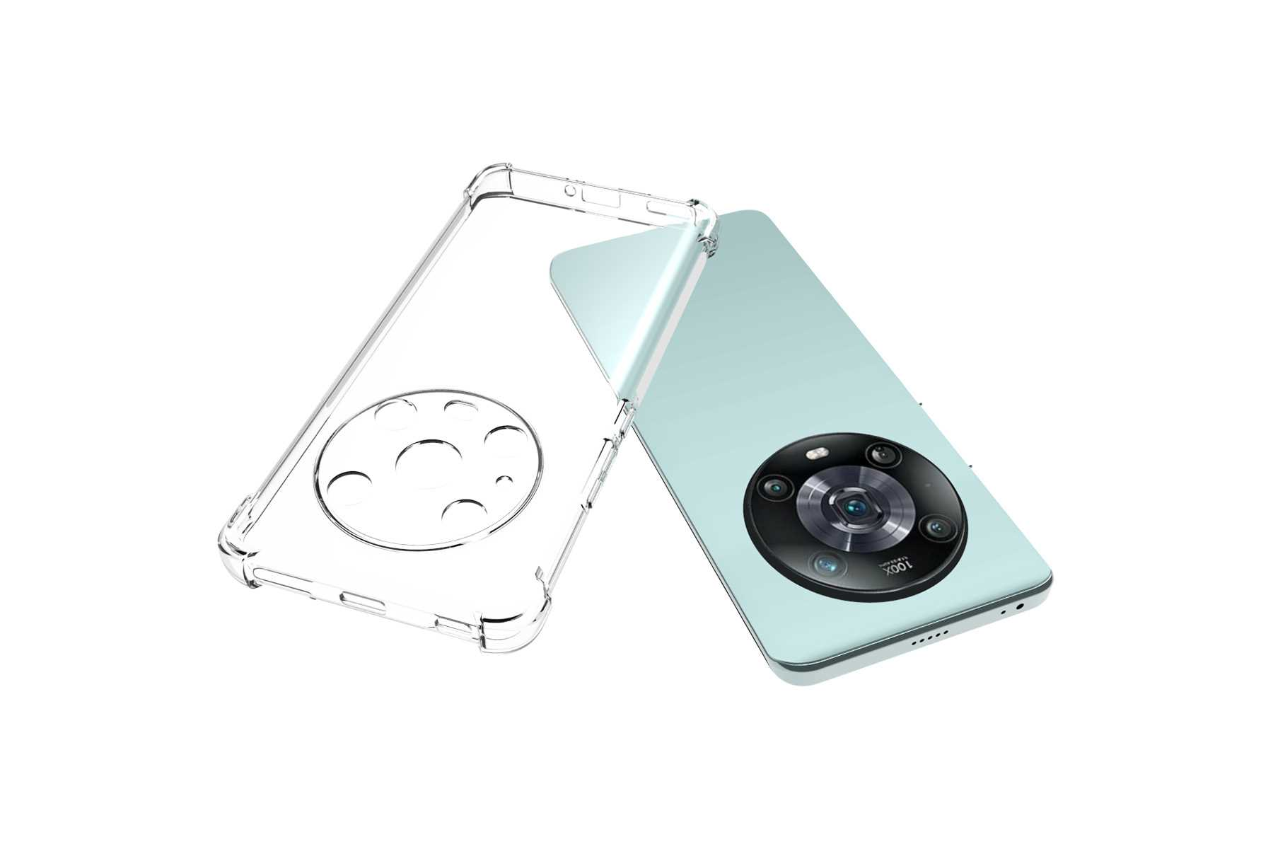 Mintgrünes Telefon mit klarer Hülle daneben. Das Telefon hat mehrere Rückkameras.