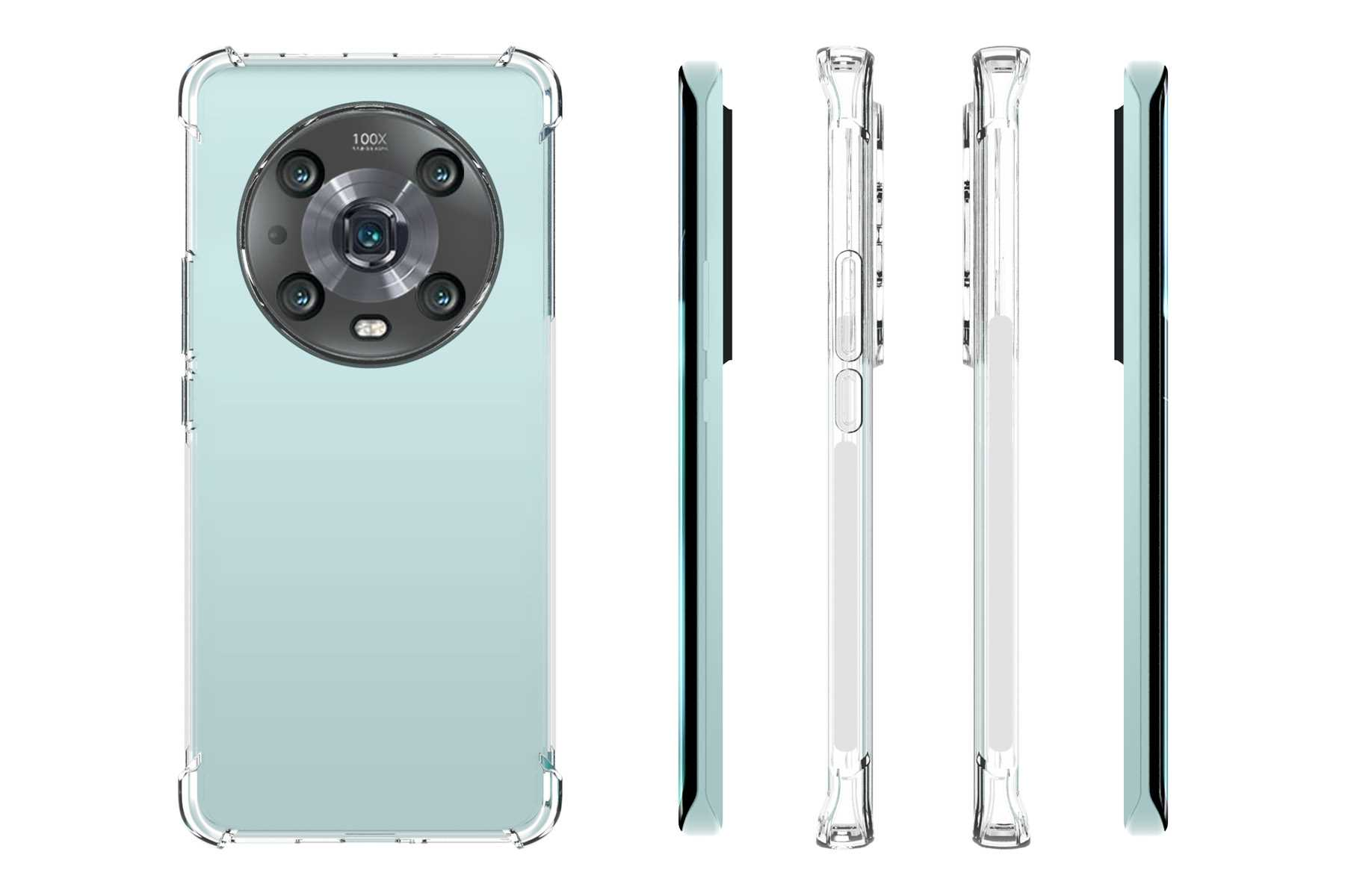 Ein Mobiltelefon mit einer durchsichtigen Hülle. Das Telefon ist hellgrün, die Hülle transparent.