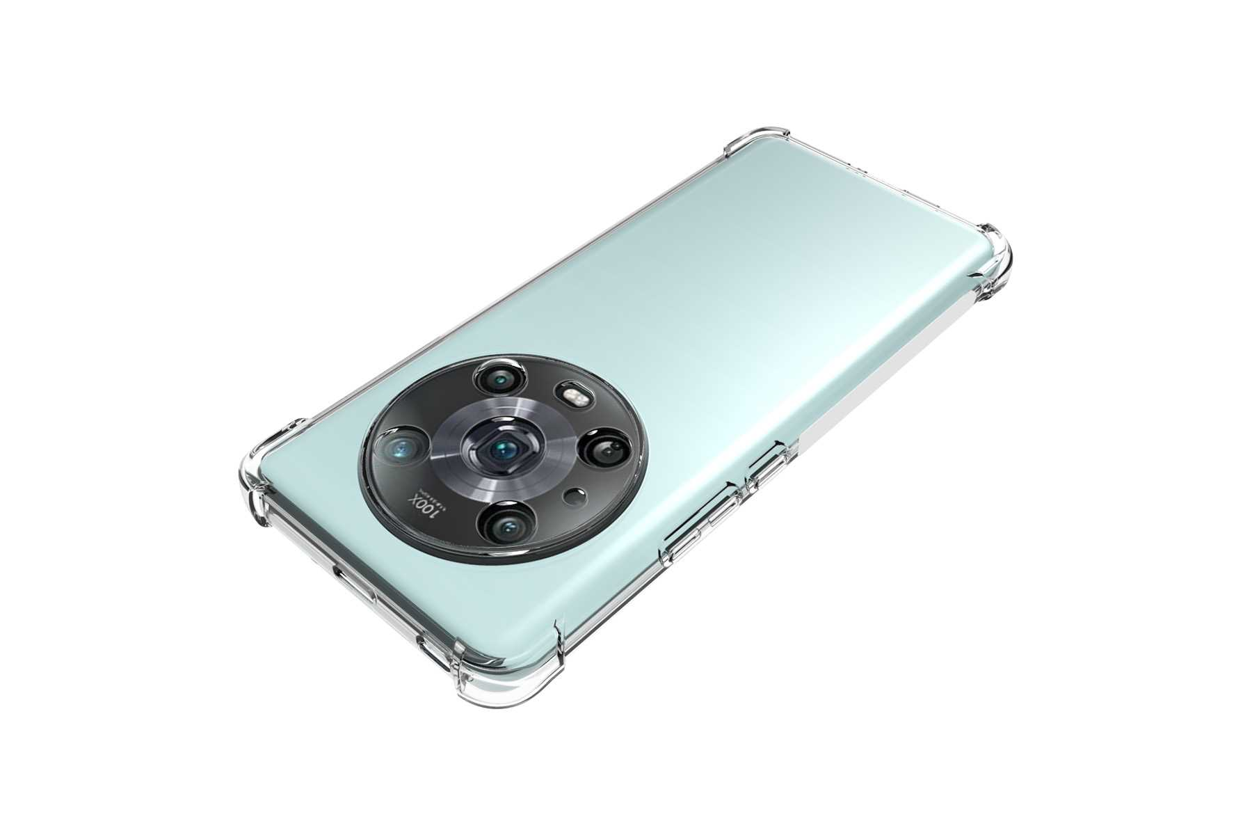 Ein mintgrünes Smartphone in einer transparenten Hülle, das Rückkameras zeigt.