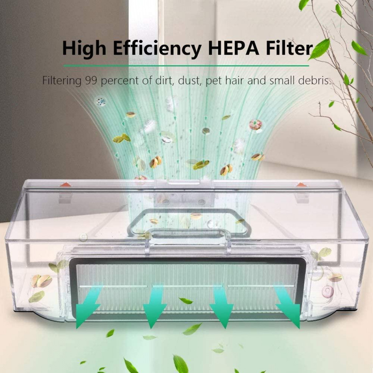 Przezroczysty filtr powietrza ze strzałkami, z cząsteczkami kurzu i zanieczyszczeń.