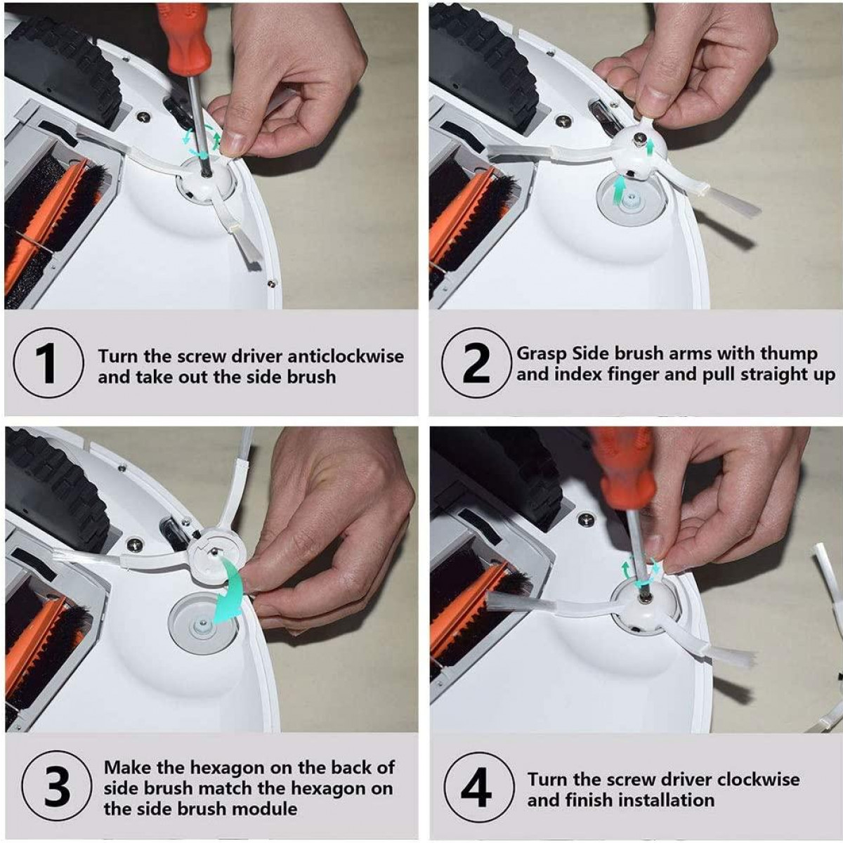 Obrazek z czterema panelami pokazujący, jak zainstalować szczotkę boczną w odkurzaczu robocie.