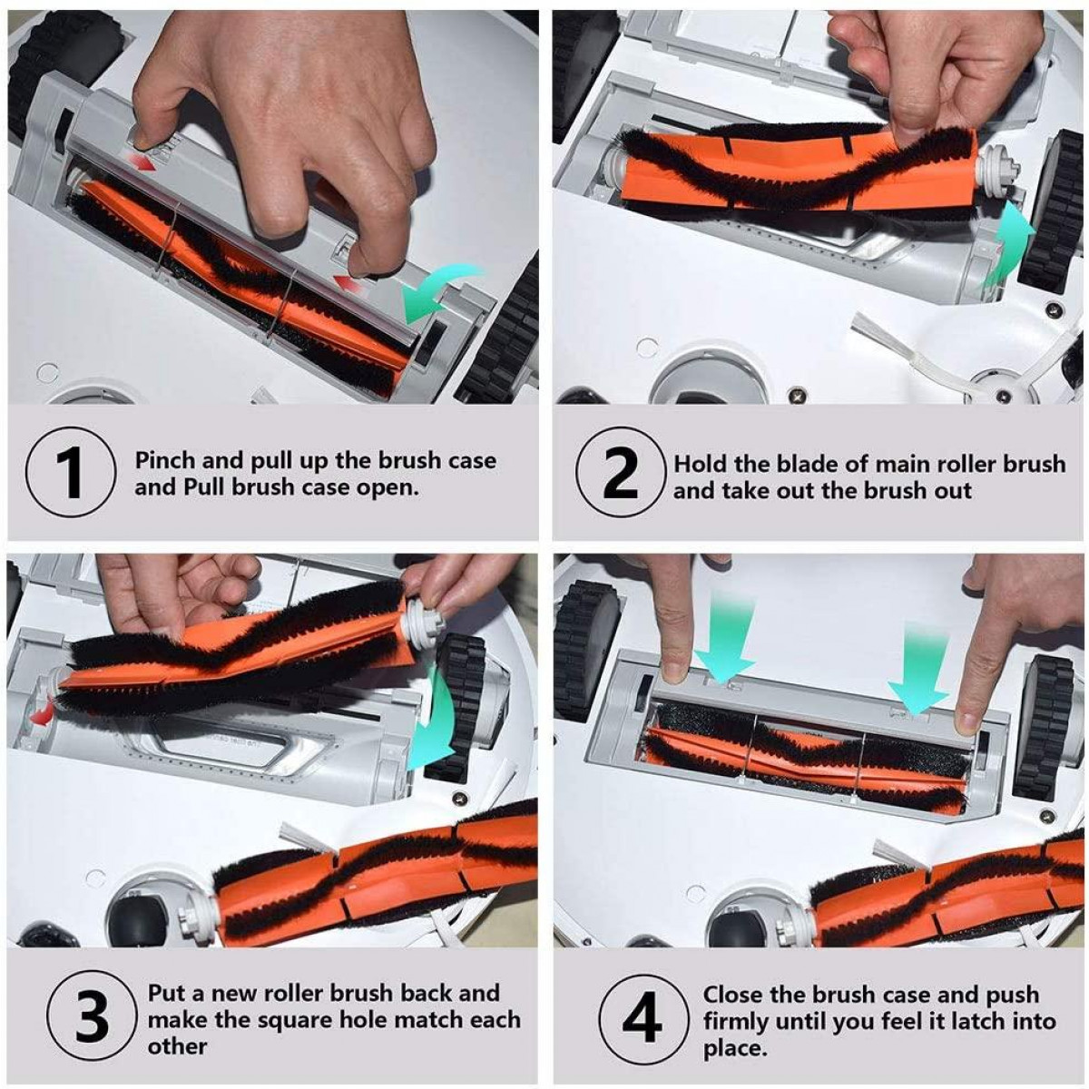 Instrukcje krok po kroku dotyczące czyszczenia szczotki do odkurzacza. Kroki są demonstrowane rękami.