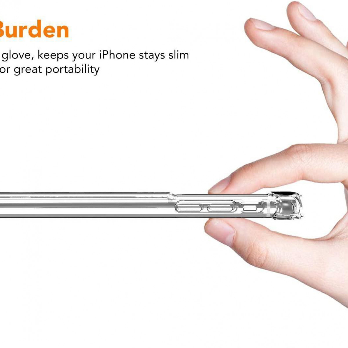 Hand, die eine durchsichtige iPhone-Hülle hält. Der Text sagt 'Handschuh' und erwähnt Portabilität.