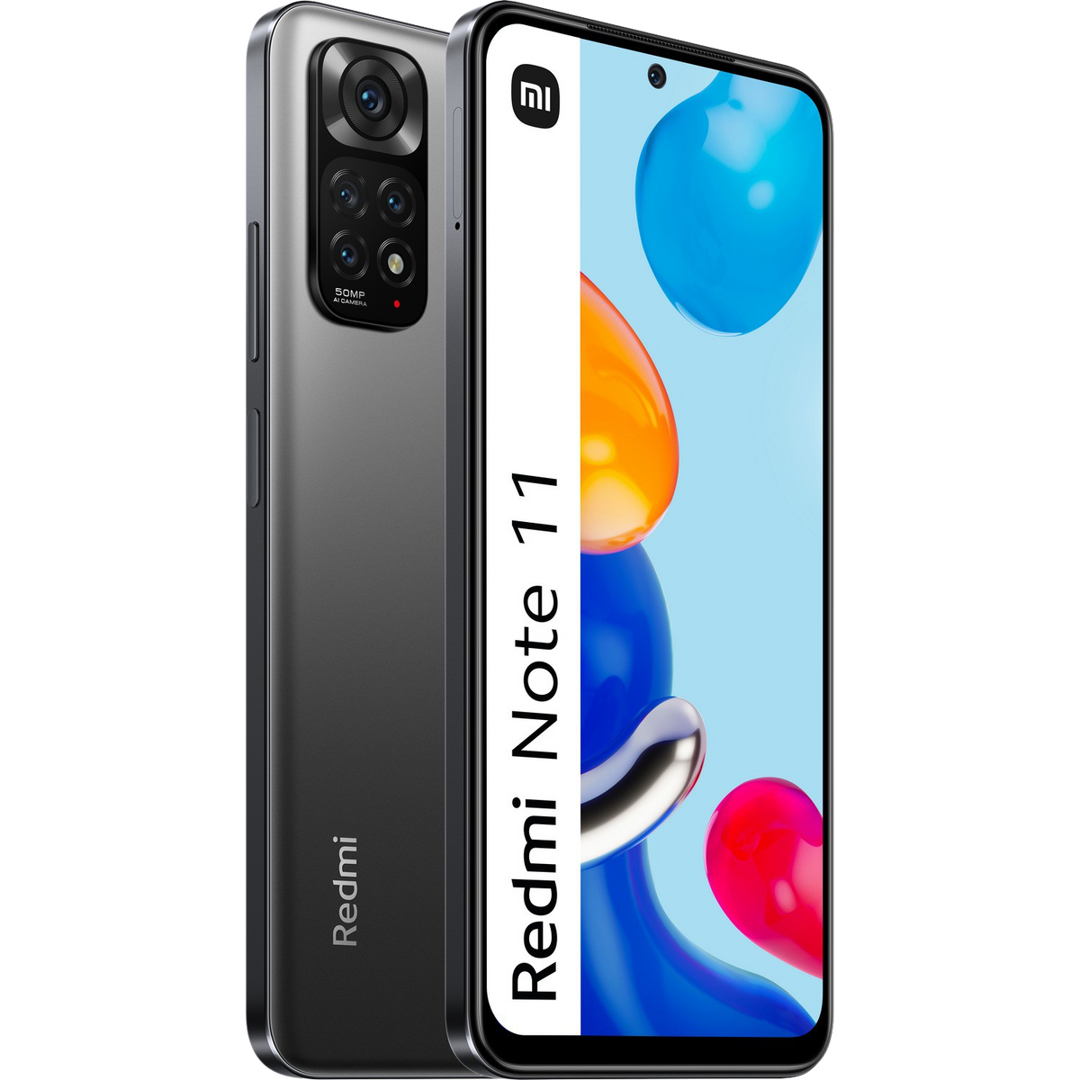 Ein silbernes und graues Smartphone mit einem Bildschirm, der einen farbenfrohen Hintergrund und Text anzeigt.