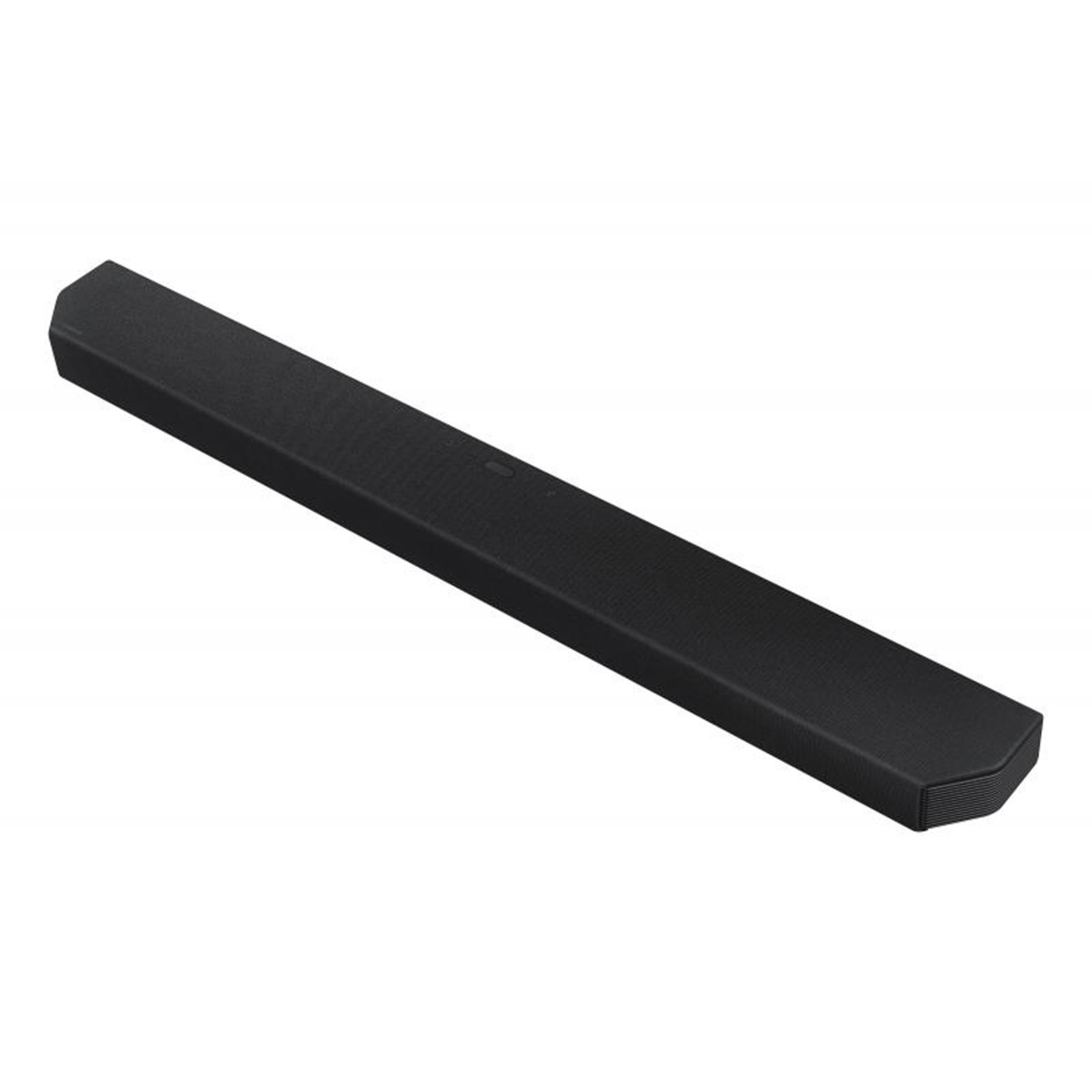 Schwarze Soundbar mit rechteckiger Form. Weißer Hintergrund.