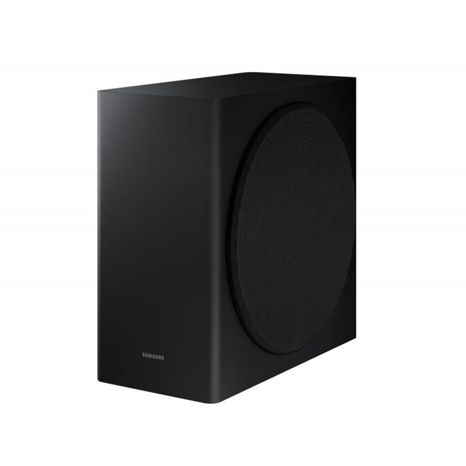 Ein schwarzer Subwoofer auf weißem Hintergrund.