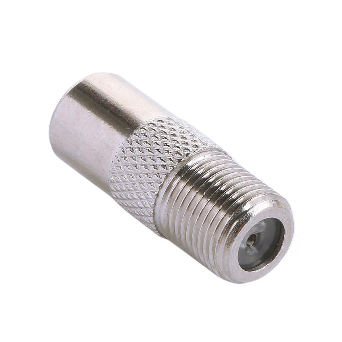 Een zilveren F-connector, vaak gebruikt voor het aansluiten van coaxkabels.
