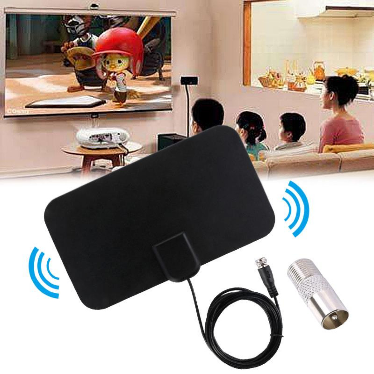 Antenne TV avec câble, un connecteur et un téléviseur. Des personnes regardent la télévision en arrière-plan.