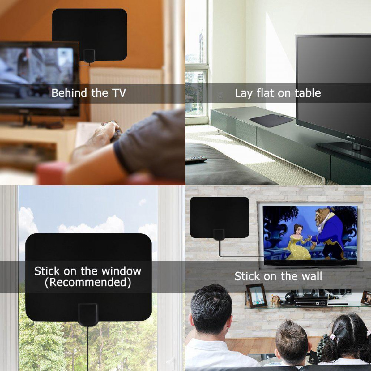 Vier afbeeldingen die een antenne in verschillende omgevingen tonen: achter de tv, op tafel, op het raam en aan de muur.