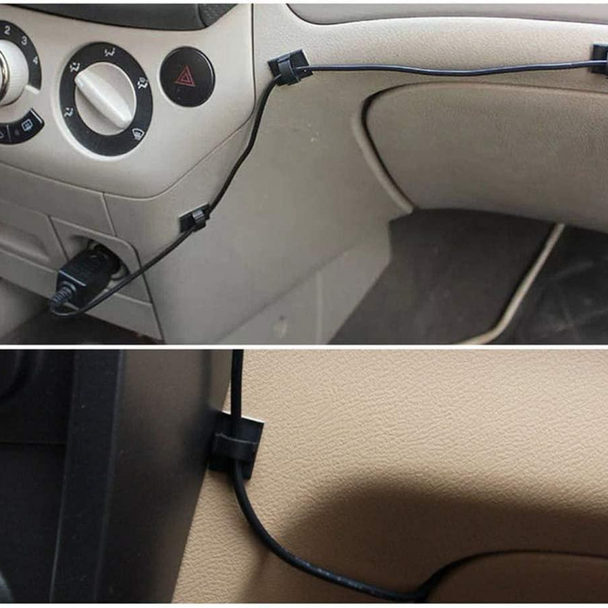 Nahaufnahme des Innenraums eines Autos mit schwarzen Kabelclips, die ein schwarzes Kabel halten. Beige Innenausstattung.