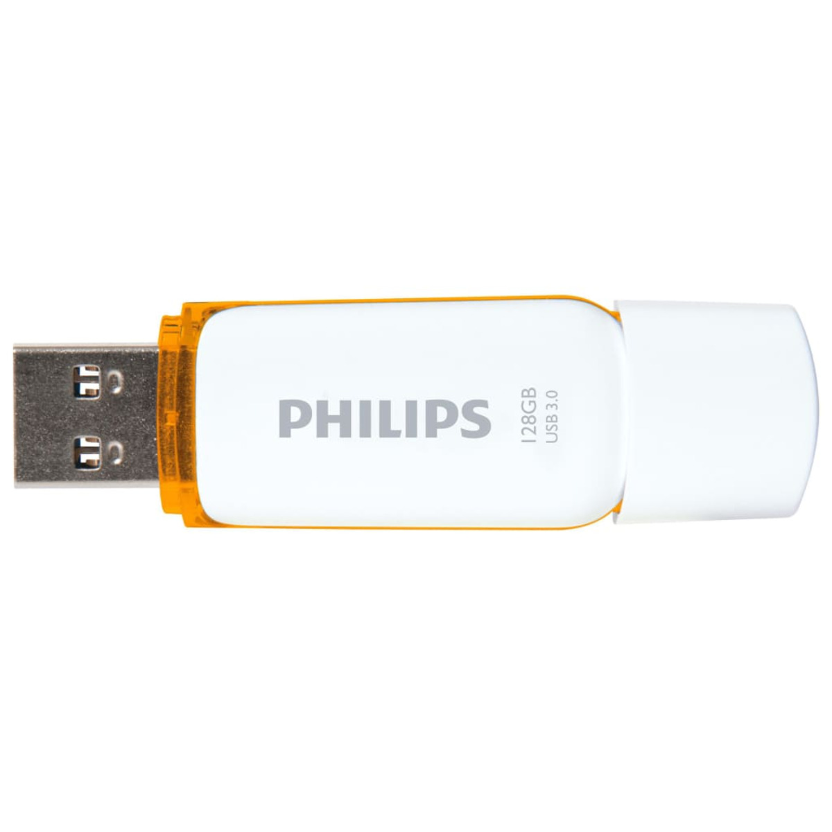 Ein weiß-oranger USB-Stick mit dem Wort "PHILIPS" darauf. Die andere Seite ist weiß.