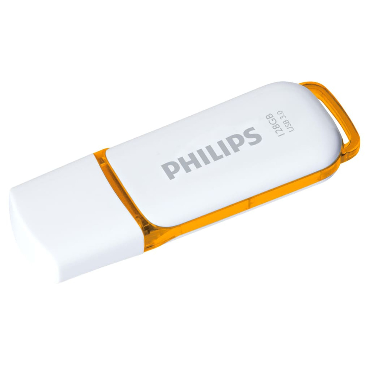 Ein weißer und orangefarbener Philips USB 3.0-Stick mit 128 GB Kapazität.