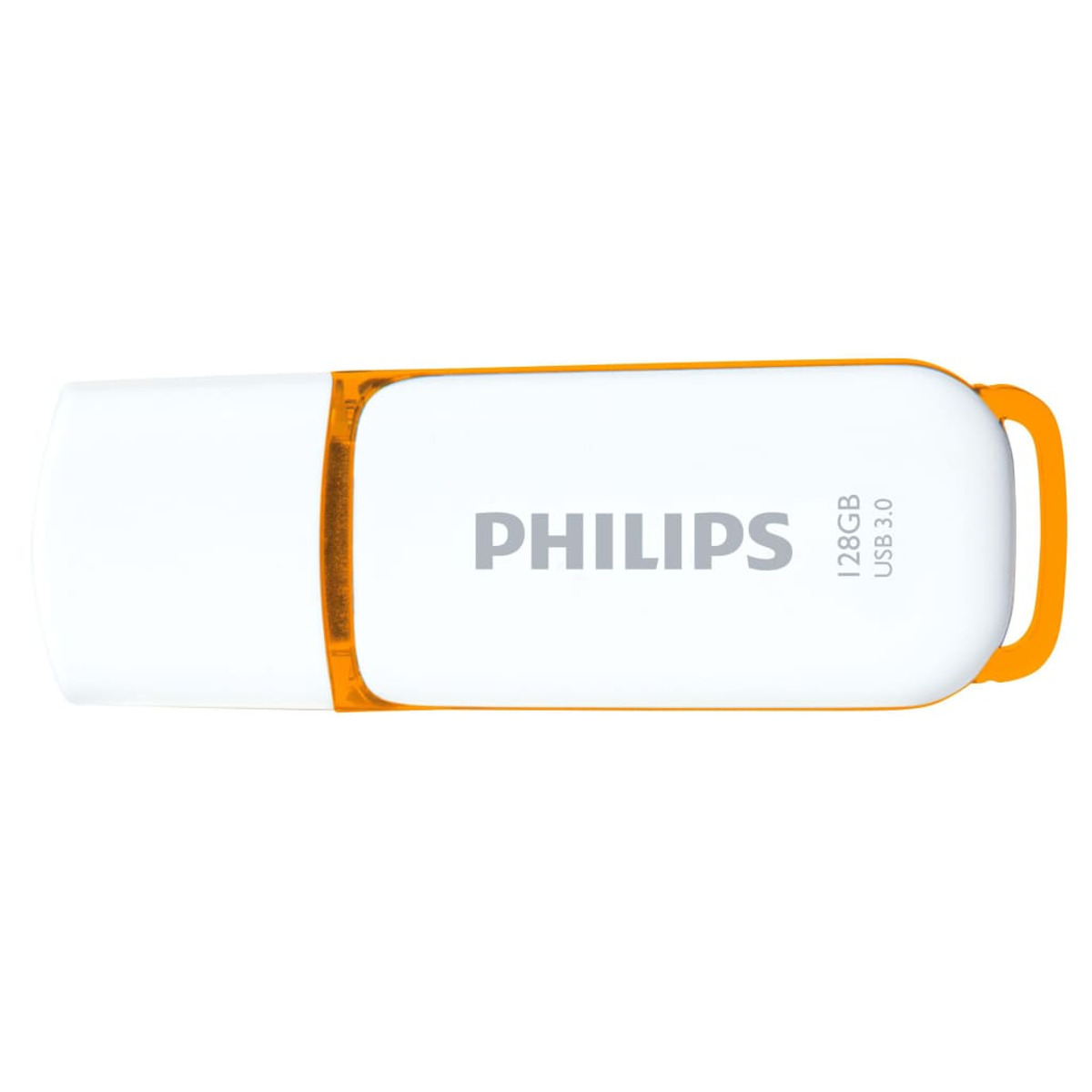 Weißer und orangefarbener USB-Stick mit Philips-Logo und 128 GB Kapazität.