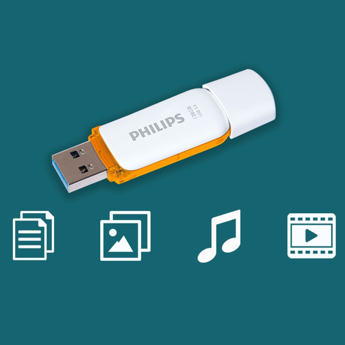 Weiß-oranger USB-Stick mit Datei-, Bild-, Musik- und Videosymbolen.