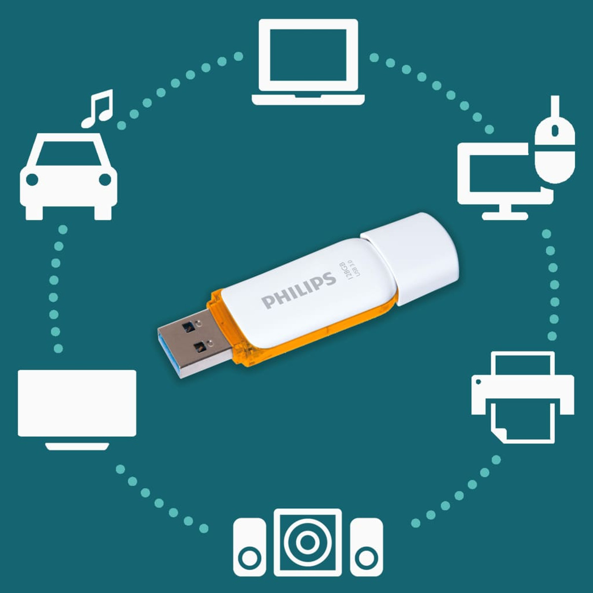 Ein Philips USB-Laufwerk mit weißem und orangefarbenem Design. Umgeben von Geräteillustrationen.