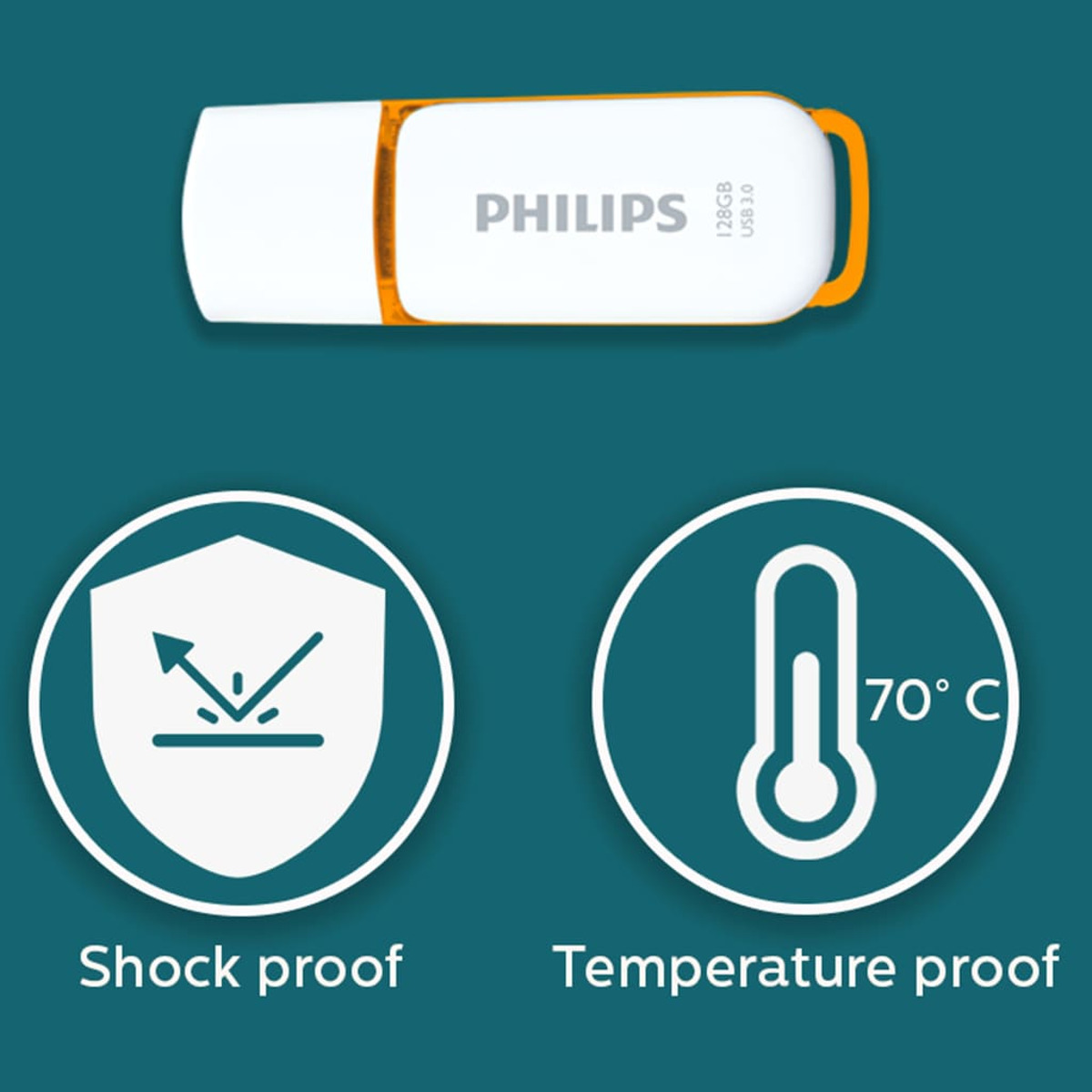 Weißer Philips USB-Stick mit orangefarbenen Akzenten und Symbolen für Stoß- und Temperaturbeständigkeit.