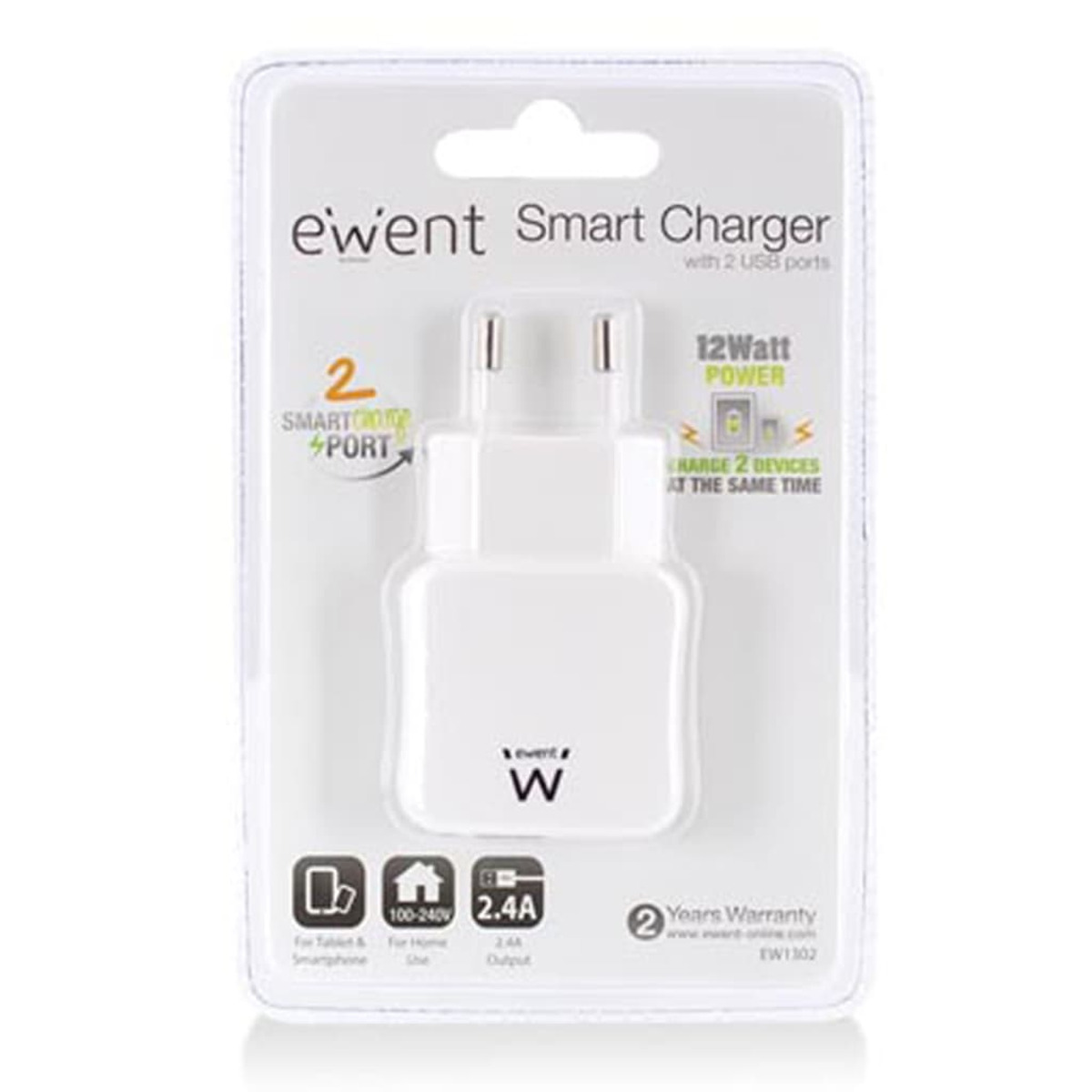 Cargador inteligente e'went blanco con dos puertos USB en un paquete.